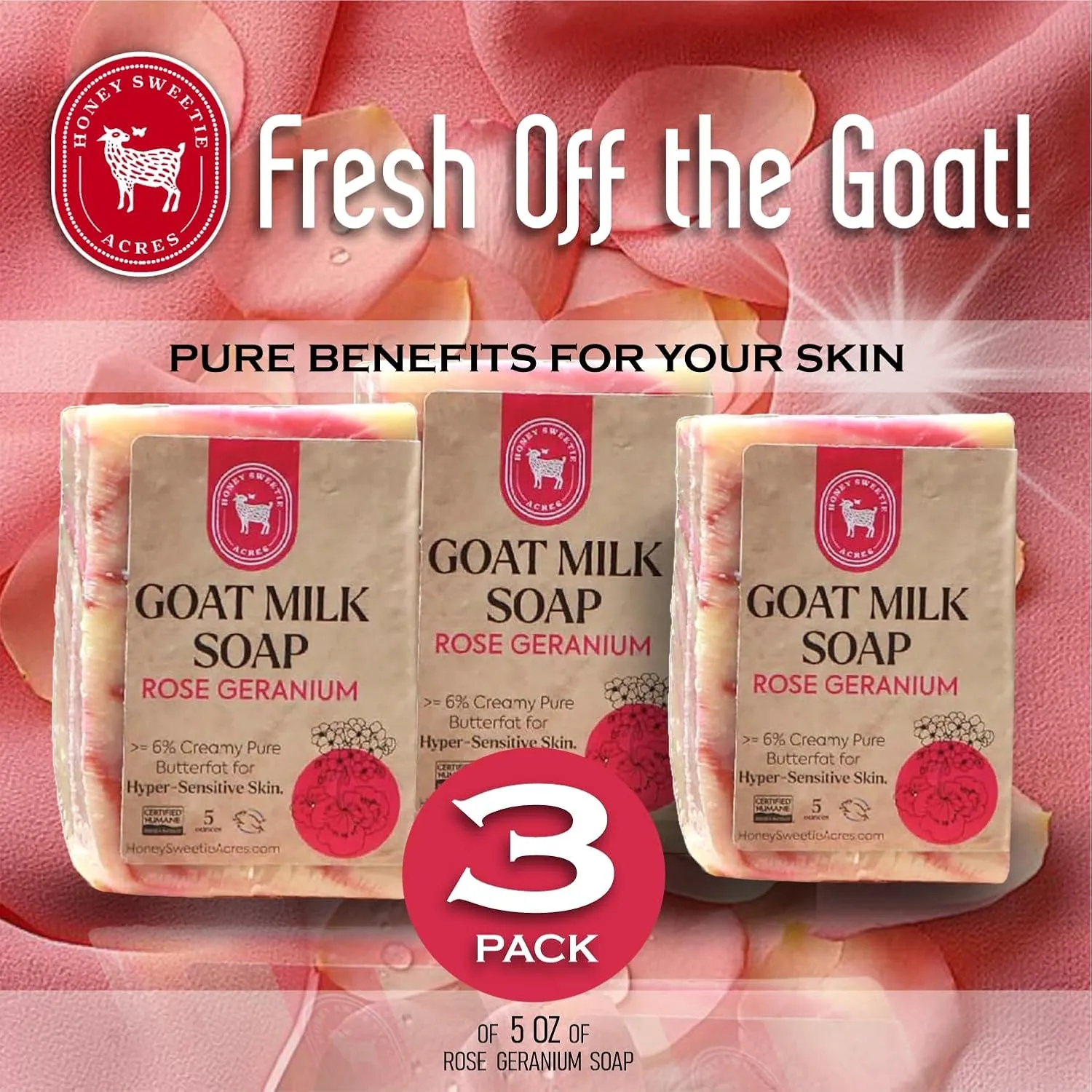 Honey Sweetie Acres 3-Pack Rose Geranium Goat Milk Soap - Handmade 5 oz Bar, Made with Natural Ingredients, Moisturizing & Gentle, Made in the USA