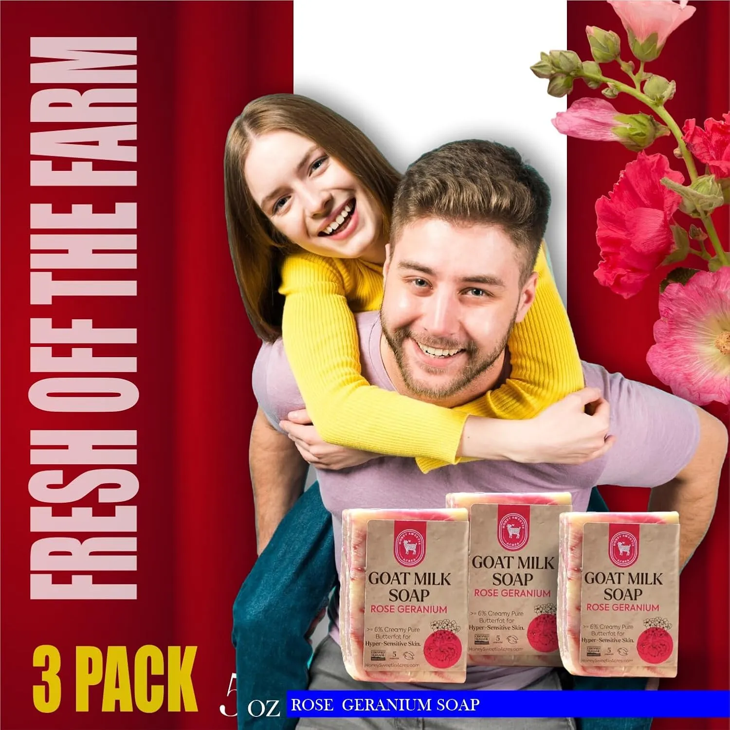 Honey Sweetie Acres 3-Pack Rose Geranium Goat Milk Soap - Handmade 5 oz Bar, Made with Natural Ingredients, Moisturizing & Gentle, Made in the USA