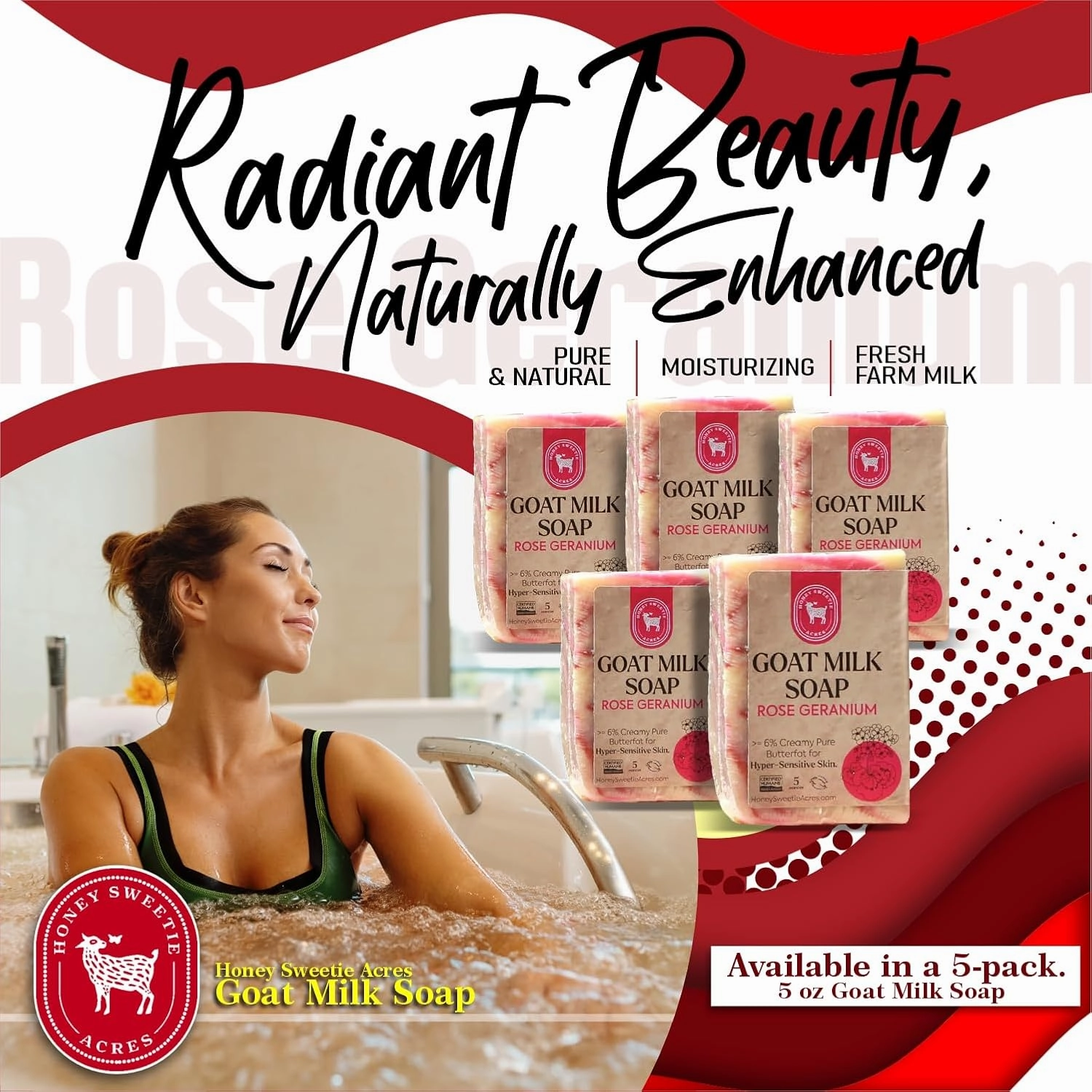 Honey Sweetie Acres 5-Pack Rose Geranium Goat Milk Soap - Handmade 5 oz Bar, Made with Natural Ingredients, Moisturizing & Gentle, Made in the USA