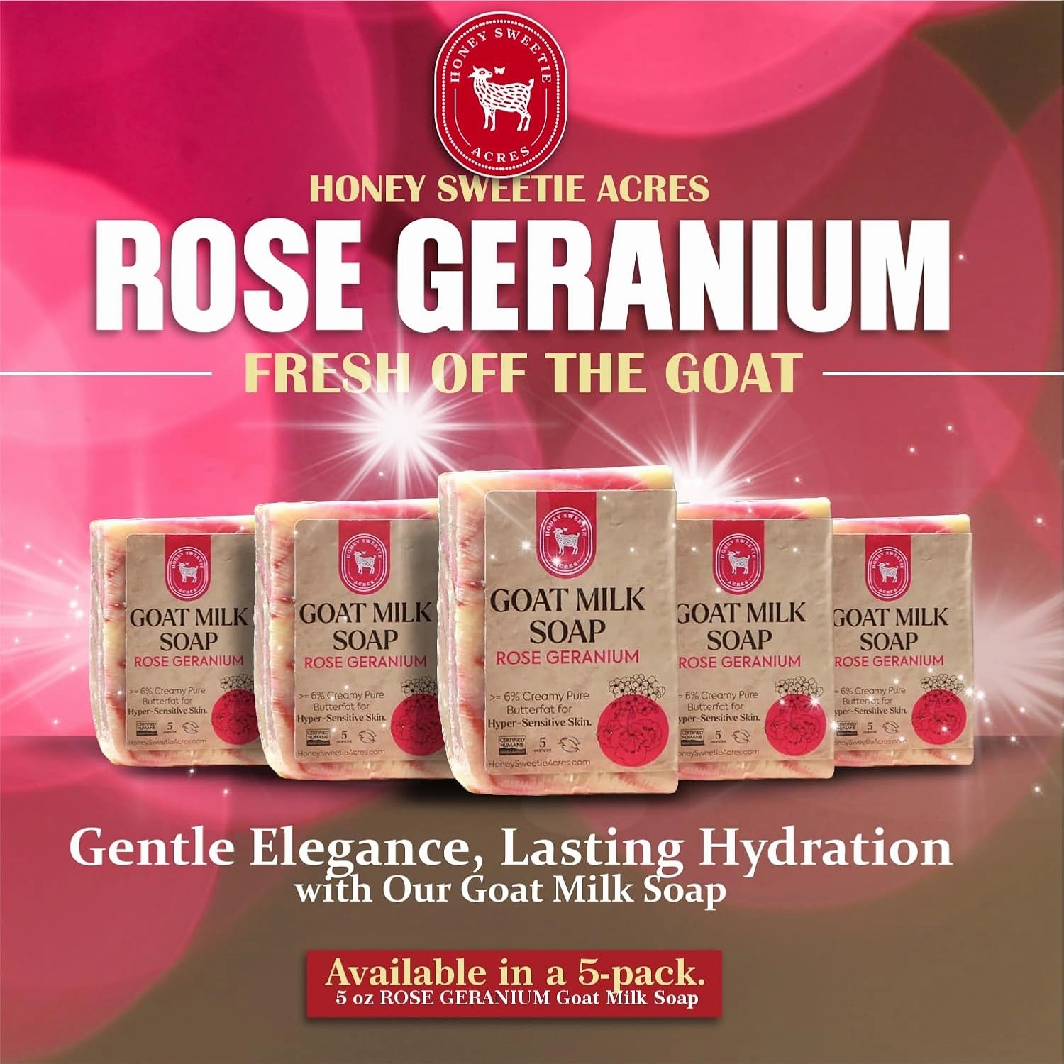 Honey Sweetie Acres 5-Pack Rose Geranium Goat Milk Soap - Handmade 5 oz Bar, Made with Natural Ingredients, Moisturizing & Gentle, Made in the USA