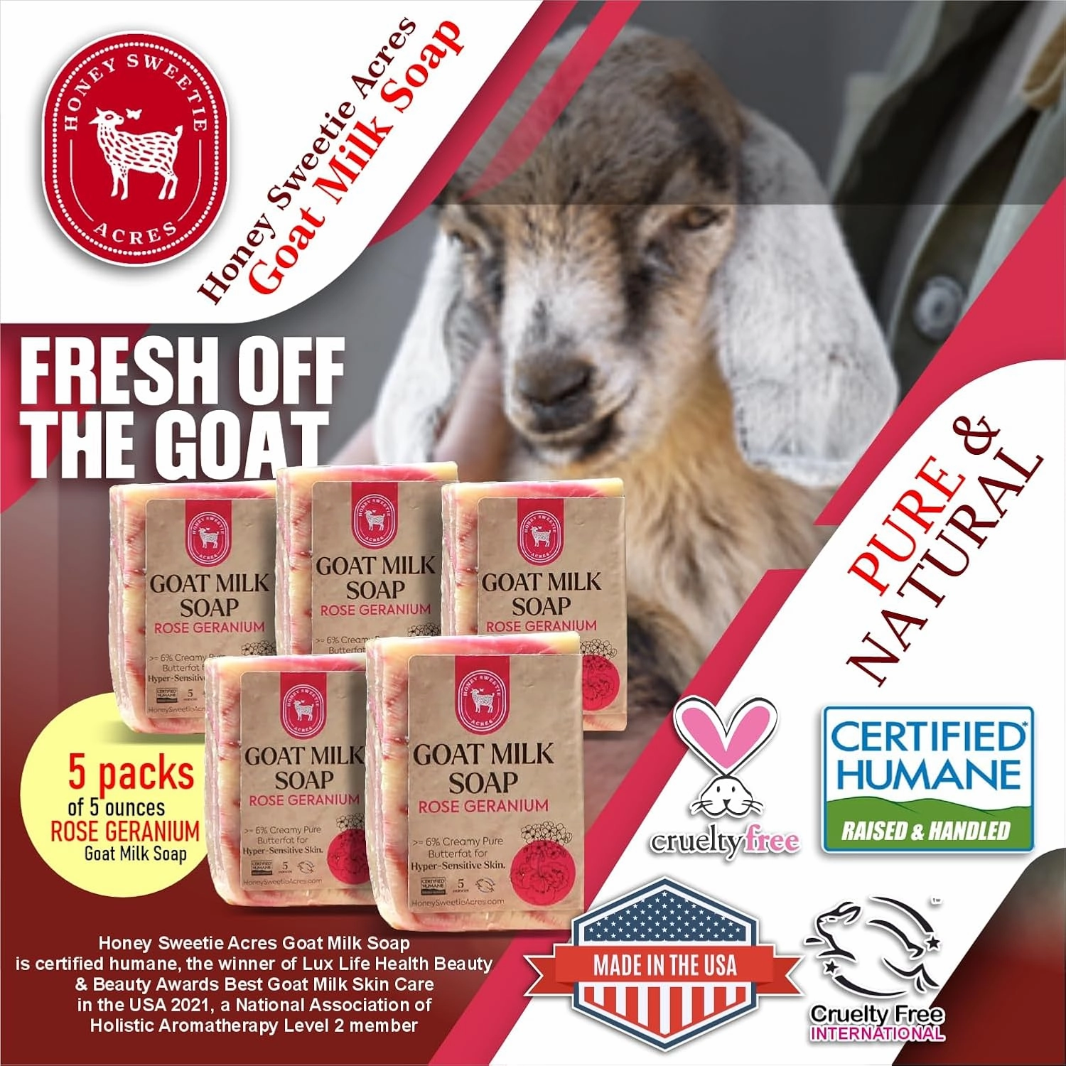 Honey Sweetie Acres 5-Pack Rose Geranium Goat Milk Soap - Handmade 5 oz Bar, Made with Natural Ingredients, Moisturizing & Gentle, Made in the USA