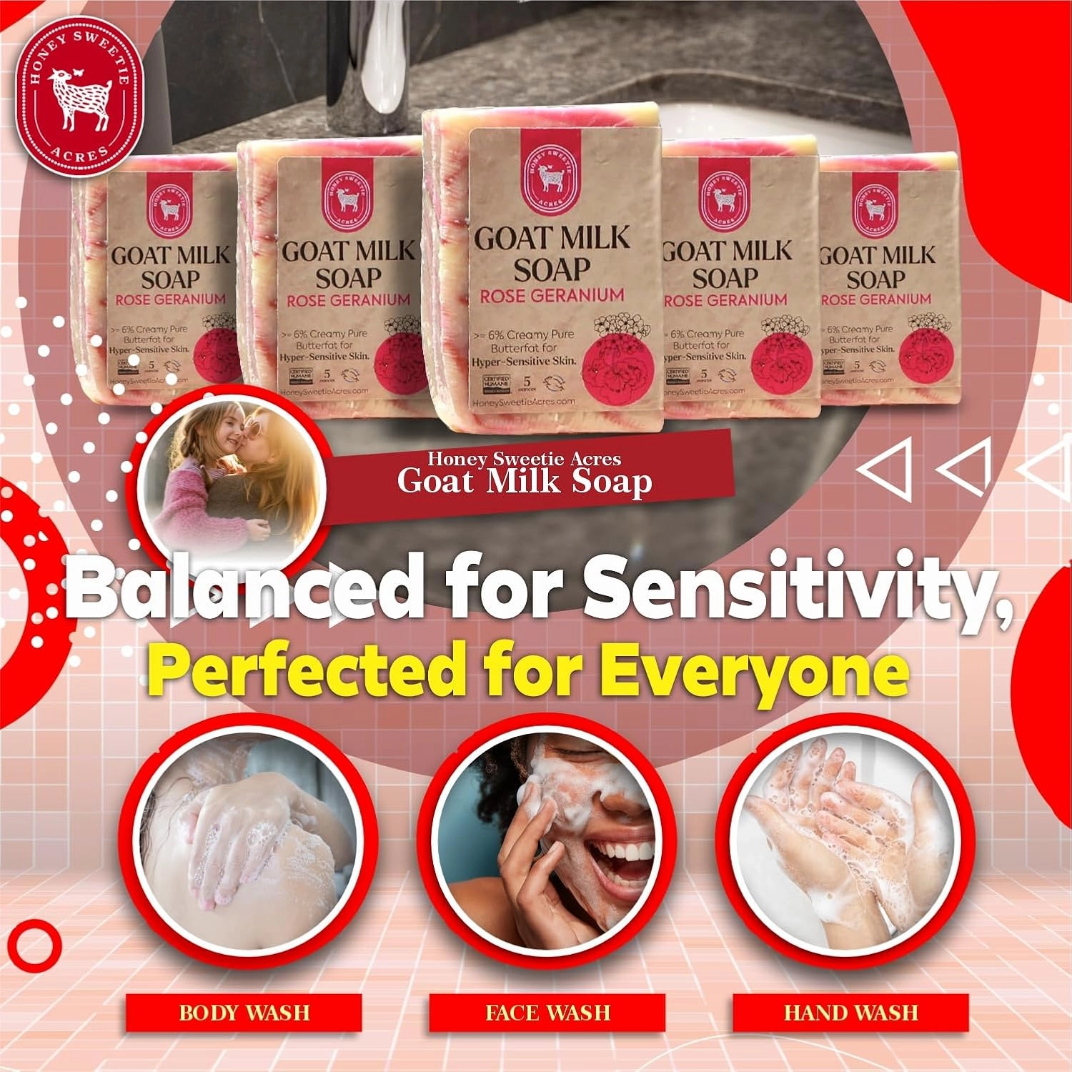 Honey Sweetie Acres 5-Pack Rose Geranium Goat Milk Soap - Handmade 5 oz Bar, Made with Natural Ingredients, Moisturizing & Gentle, Made in the USA
