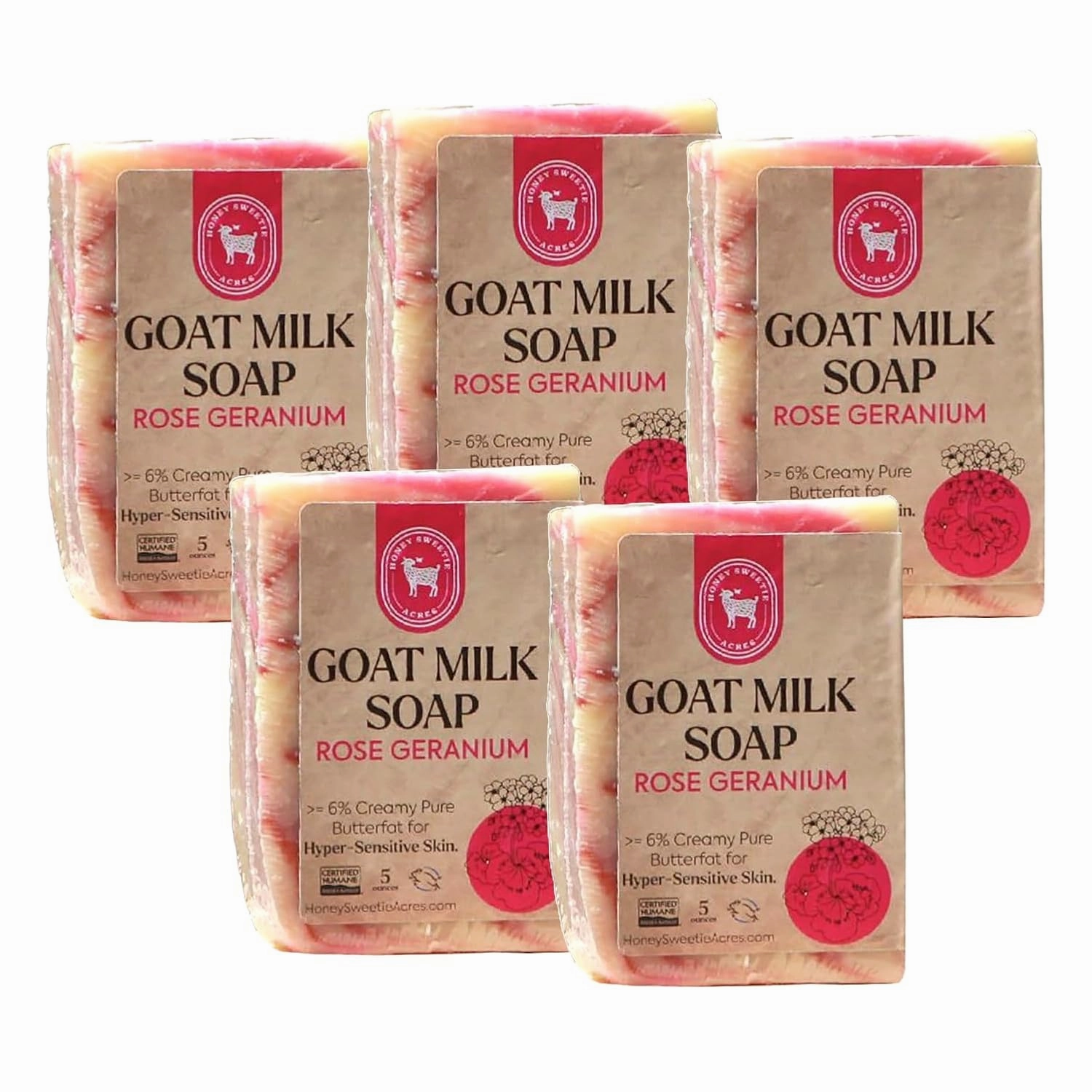 Honey Sweetie Acres 5-Pack Rose Geranium Goat Milk Soap - Handmade 5 oz Bar, Made with Natural Ingredients, Moisturizing & Gentle, Made in the USA