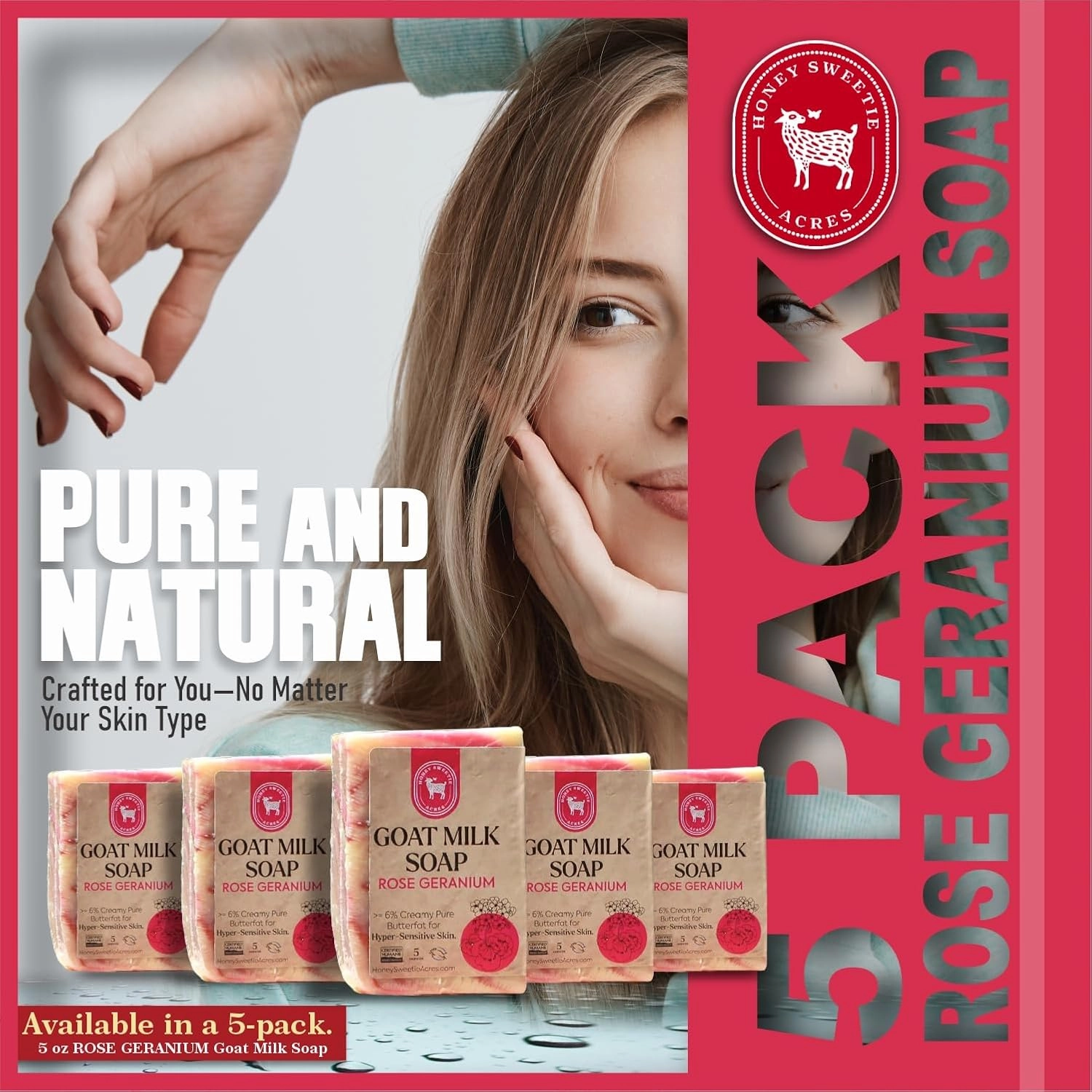 Honey Sweetie Acres 5-Pack Rose Geranium Goat Milk Soap - Handmade 5 oz Bar, Made with Natural Ingredients, Moisturizing & Gentle, Made in the USA