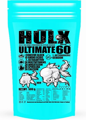 HULX Blue Goldfish Food Sinking Pellets for Big Muscle & Mass Weight Gain, Whey Mixed High Protein 60% Fish Food Growth Fast Formula 600 Gram. 1mm, Healthy, Color Enhancing Clear Water Fish Feed