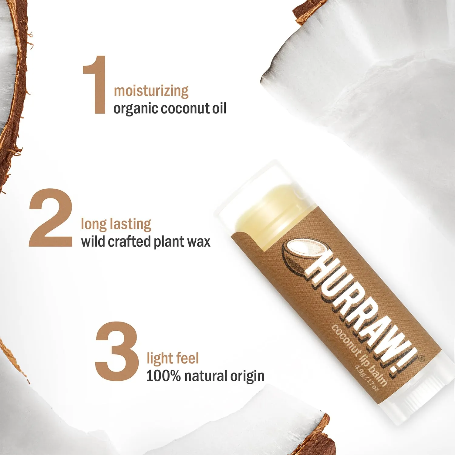 Hurraw! Coconut Lip Balm, 3 Pack: Organic, Certified Vegan, Cruelty and Gluten Free. Non-GMO, 100% Natural Ingredients. Bee, Shea, Soy and Palm Free. Made in USA