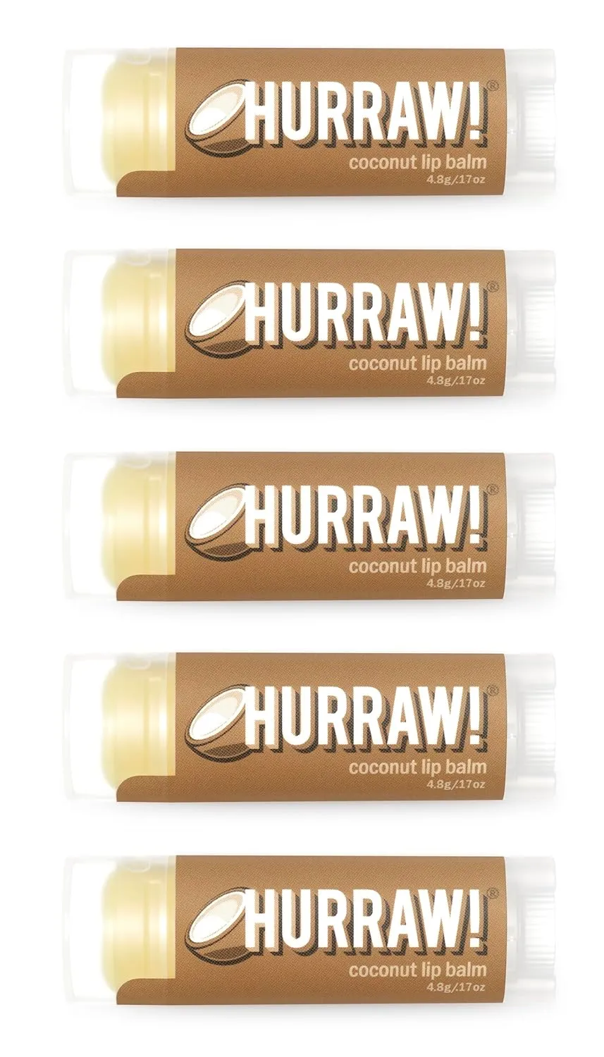 Hurraw! Coconut Lip Balm, 5 Pack: Organic, Certified Vegan, Cruelty and Gluten Free. Non-GMO, 100% Natural Ingredients. Bee, Shea, Soy and Palm Free. Made in USA