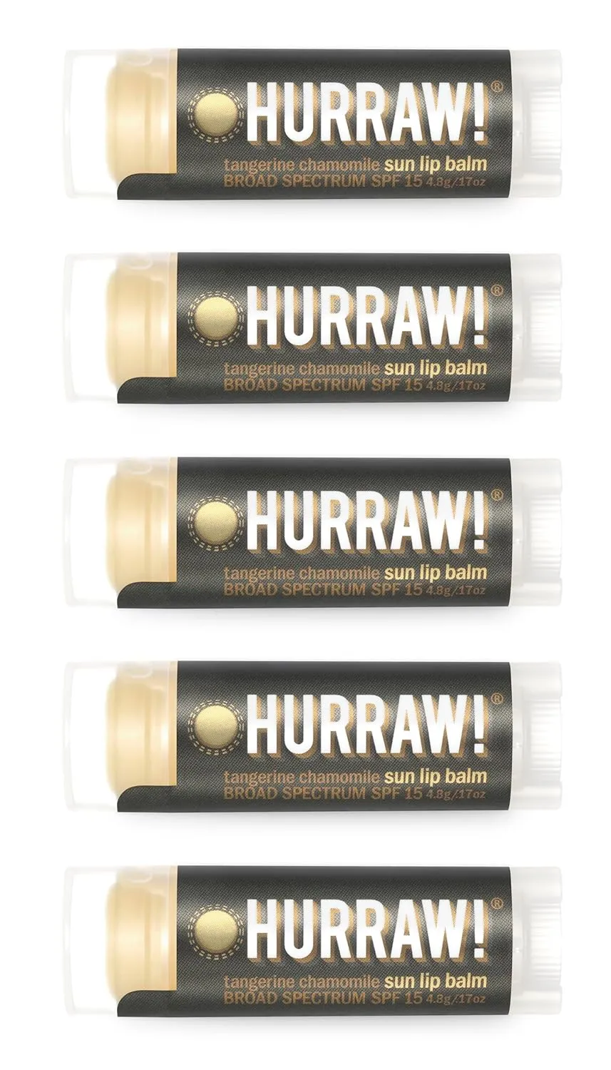 Hurraw! Sun Lip Balm (Zinc Oxide Protection, Broad Spectrum SPF 15, Tangerine, Chamomile), 5 Pack: Organic, Certified Vegan, Gluten Free. Non-GMO, All-Natural. Bee, Shea, Soy & Palm Free. Made in USA