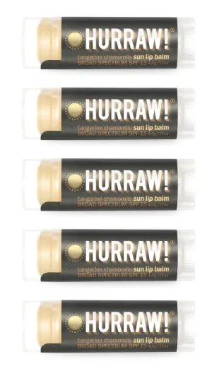 Hurraw! Sun Lip Balm (Zinc Oxide Protection, Broad Spectrum SPF 15, Tangerine, Chamomile), 5 Pack: Organic, Certified Vegan, Gluten Free. Non-GMO, All-Natural. Bee, Shea, Soy & Palm Free. Made in USA