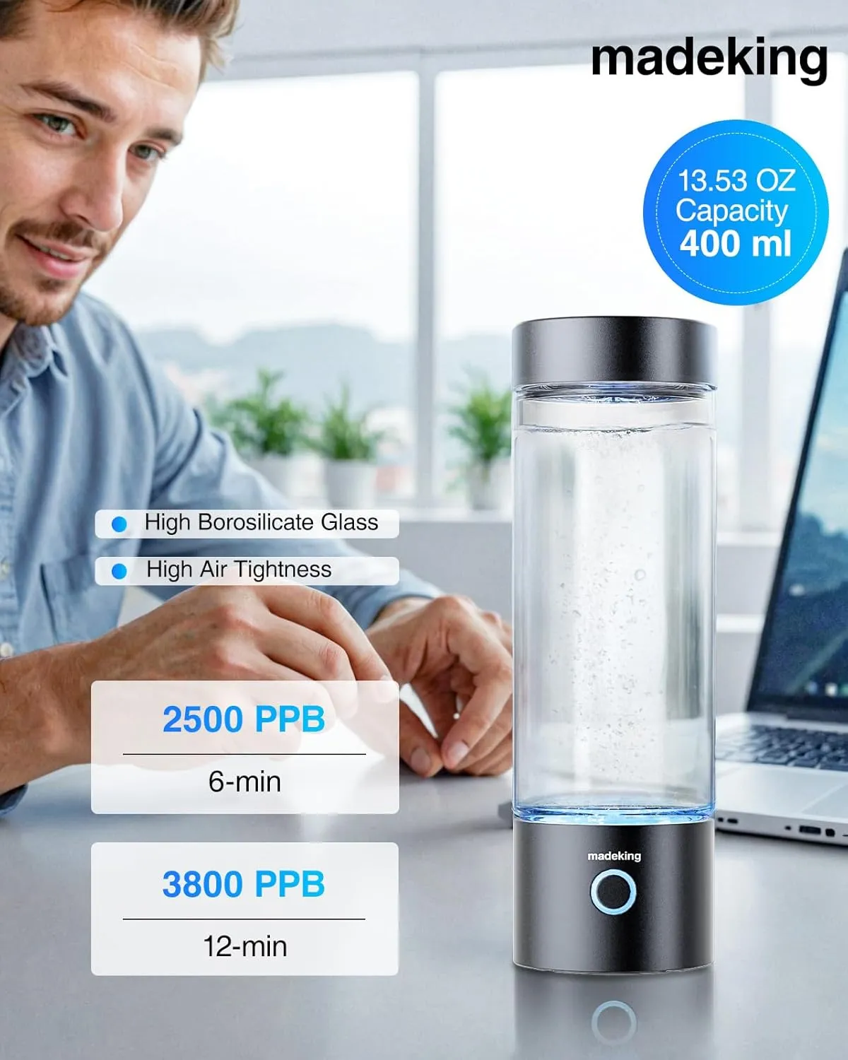 Hydrogen Water Generator Bottle - 400ml Rechargeable Ionizer, Portable Hydrogen Rich Water Cup Maker, Travel, Sports, Gift (Black)