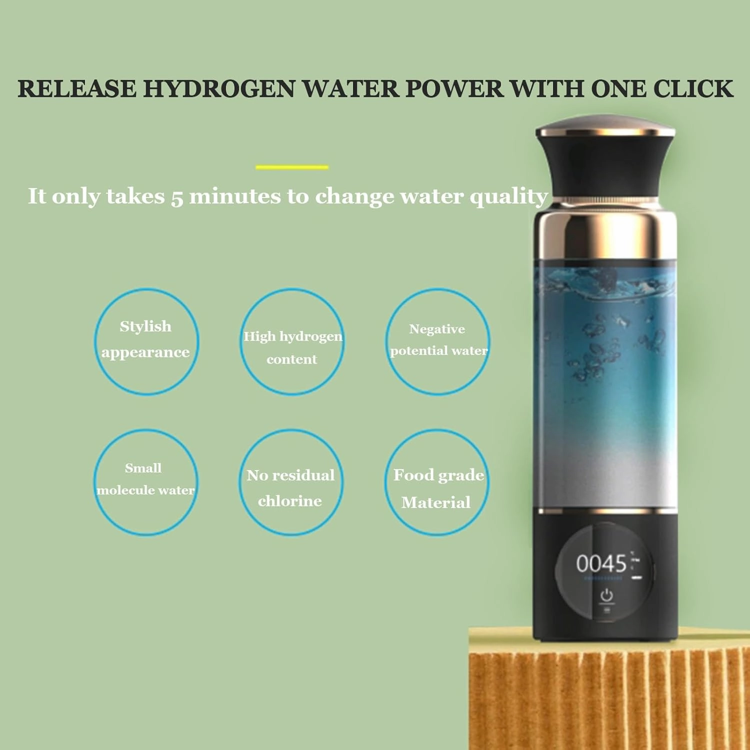 Hydrogen Water Bottle, Up to 3000-5000ppb Hydrogen Content, Ionized Water Bottle, PEM/SPE Technology, Purification Vent, Rechargeable Hydrogen Water Generator