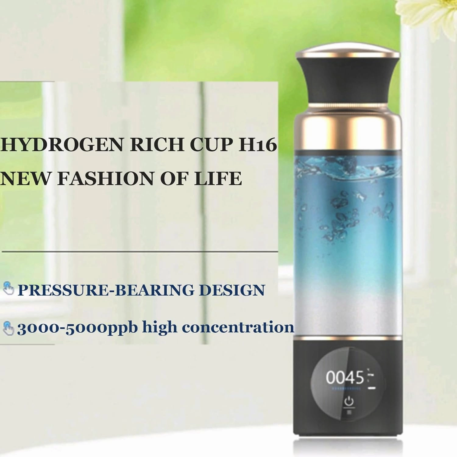 Hydrogen Water Bottle, Up to 3000-5000ppb Hydrogen Content, Ionized Water Bottle, PEM/SPE Technology, Purification Vent, Rechargeable Hydrogen Water Generator