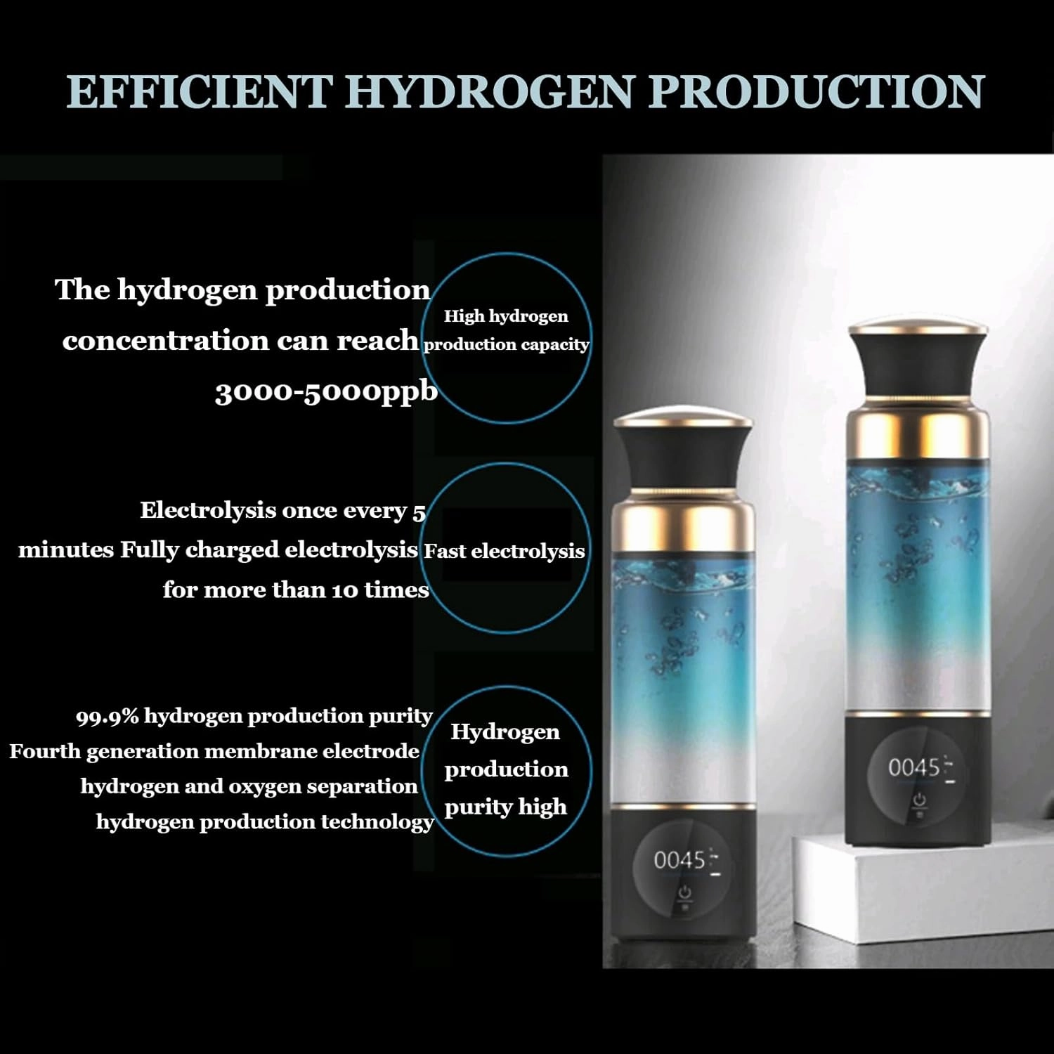 Hydrogen Water Bottle, Up to 3000-5000ppb Hydrogen Content, Ionized Water Bottle, PEM/SPE Technology, Purification Vent, Rechargeable Hydrogen Water Generator