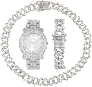 Ice on Blast! Bling'ed Out Hip Hop Rolly Looks w/Ice on Watch & Jewelry -Your Choice of Matching Zig Zag Bling'ed Out Necklace Set or Necklace & Bracelet Set - ZZ Sets