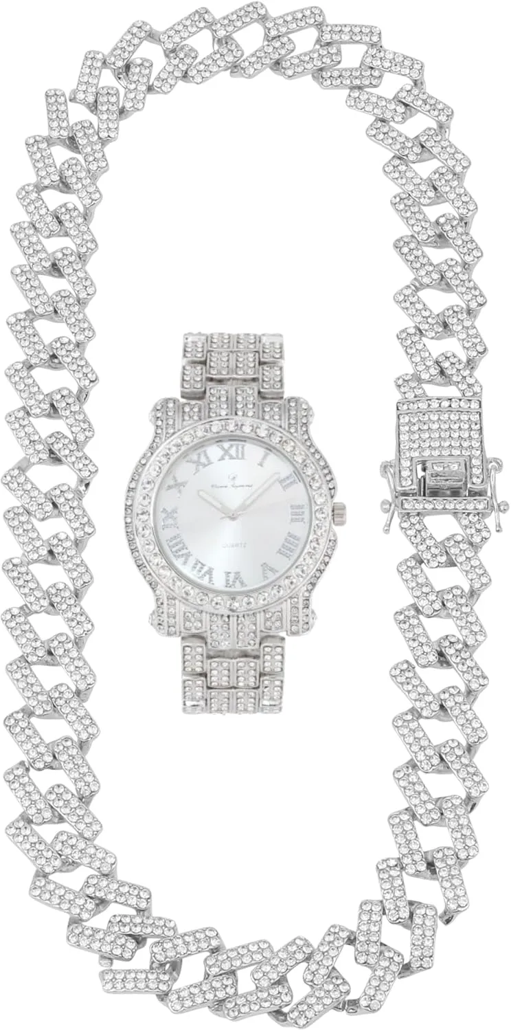 Ice on Blast! Bling'ed Out Hip Hop Rolly Looks w/Ice on Watch & Jewelry -Your Choice of Matching Zig Zag Bling'ed Out Necklace Set or Necklace & Bracelet Set - ZZ Sets