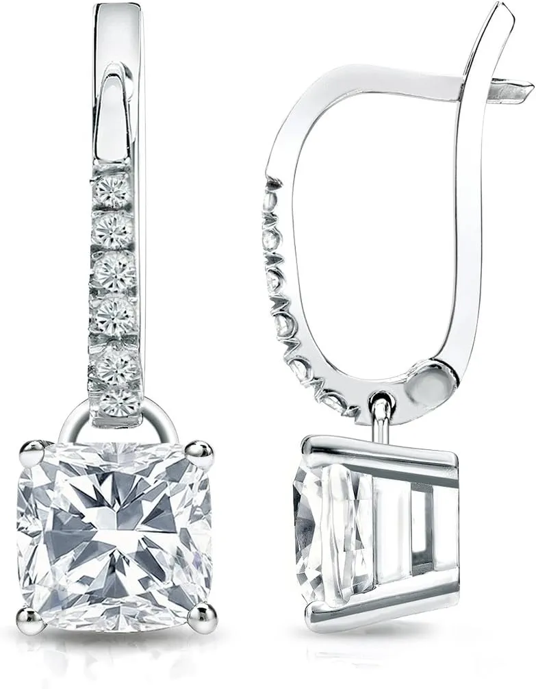 IGI Certified 18k White Gold Cushion Diamond Earrings Dangle 4-Prong Basket (1 1/2 cttw, H-I, I1-I2)
