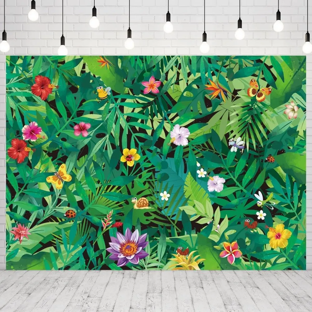 INRUI Polyester Tropical Palm Leaves Photography Backgroud Summer Jungle Wild Bee Bug Butterfly Reptile Insects Decorations Green Tropical Rainforest Party Backdrop (8x6FT)