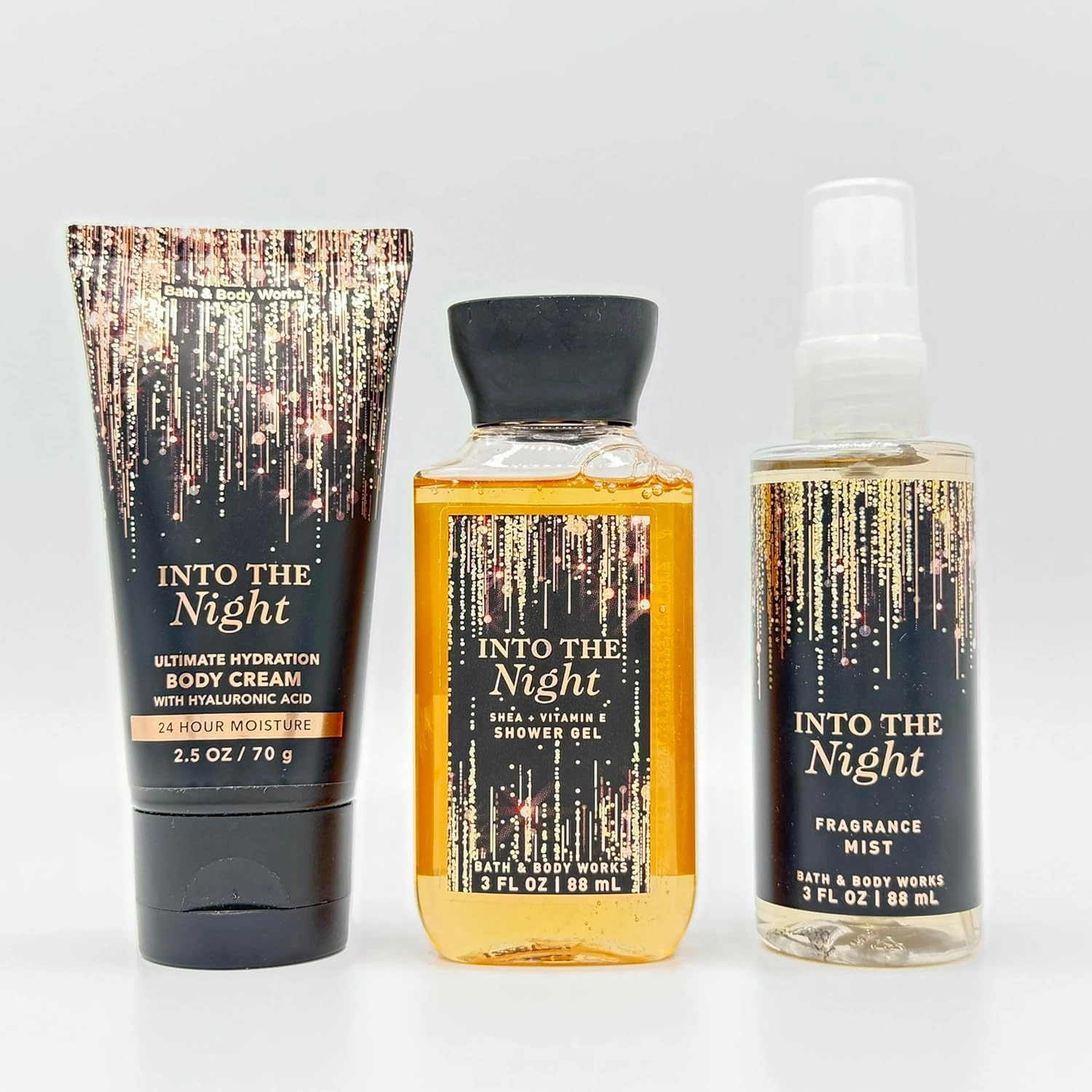 Into The Night 3-Piece TRAVEL SIZE Bath Bundle | Body Cream, Shower Gel and Body Mist
