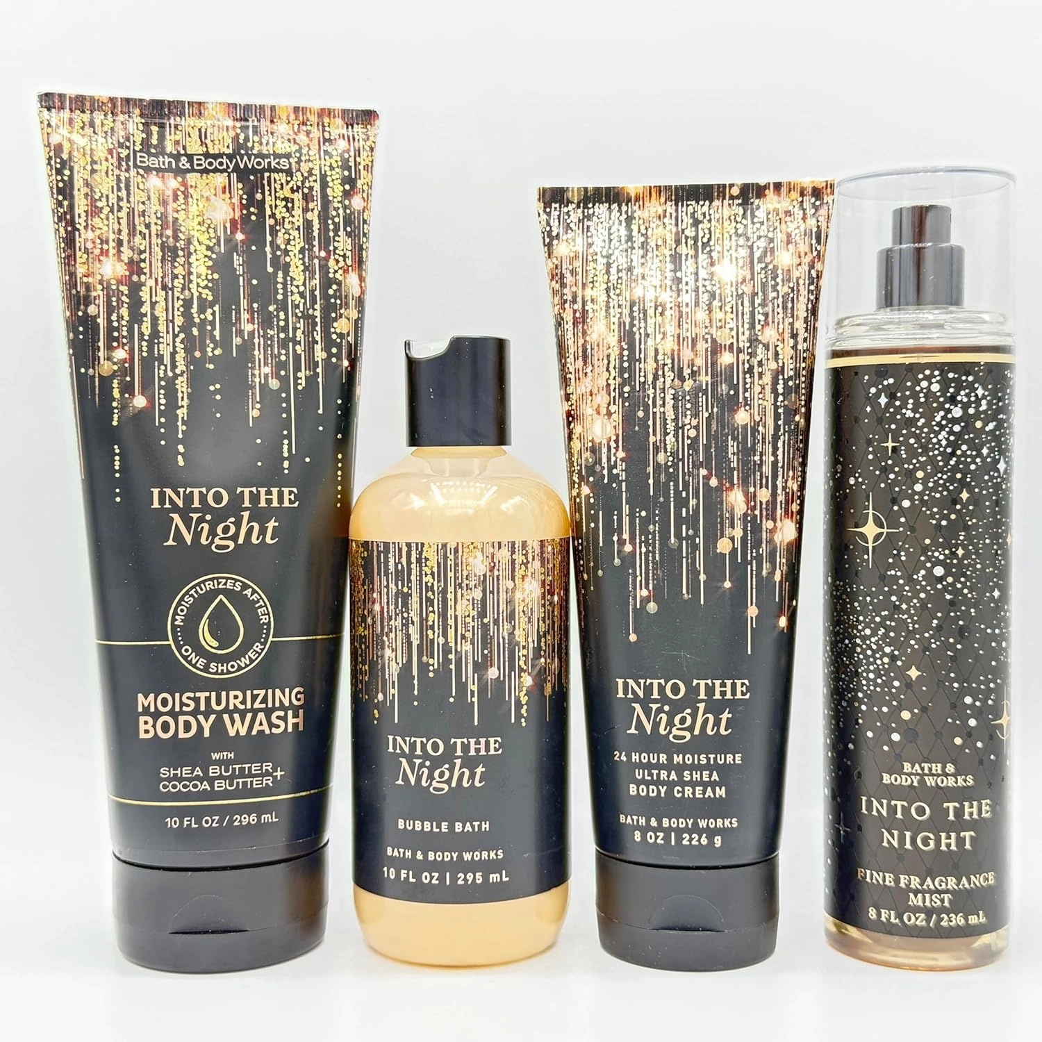 Into The Night 4-Piece Bath Bundle | Moisturizing Body Wash, Bubble Bath, Ultra Shea Body Cream and Fine Fragrance Mist