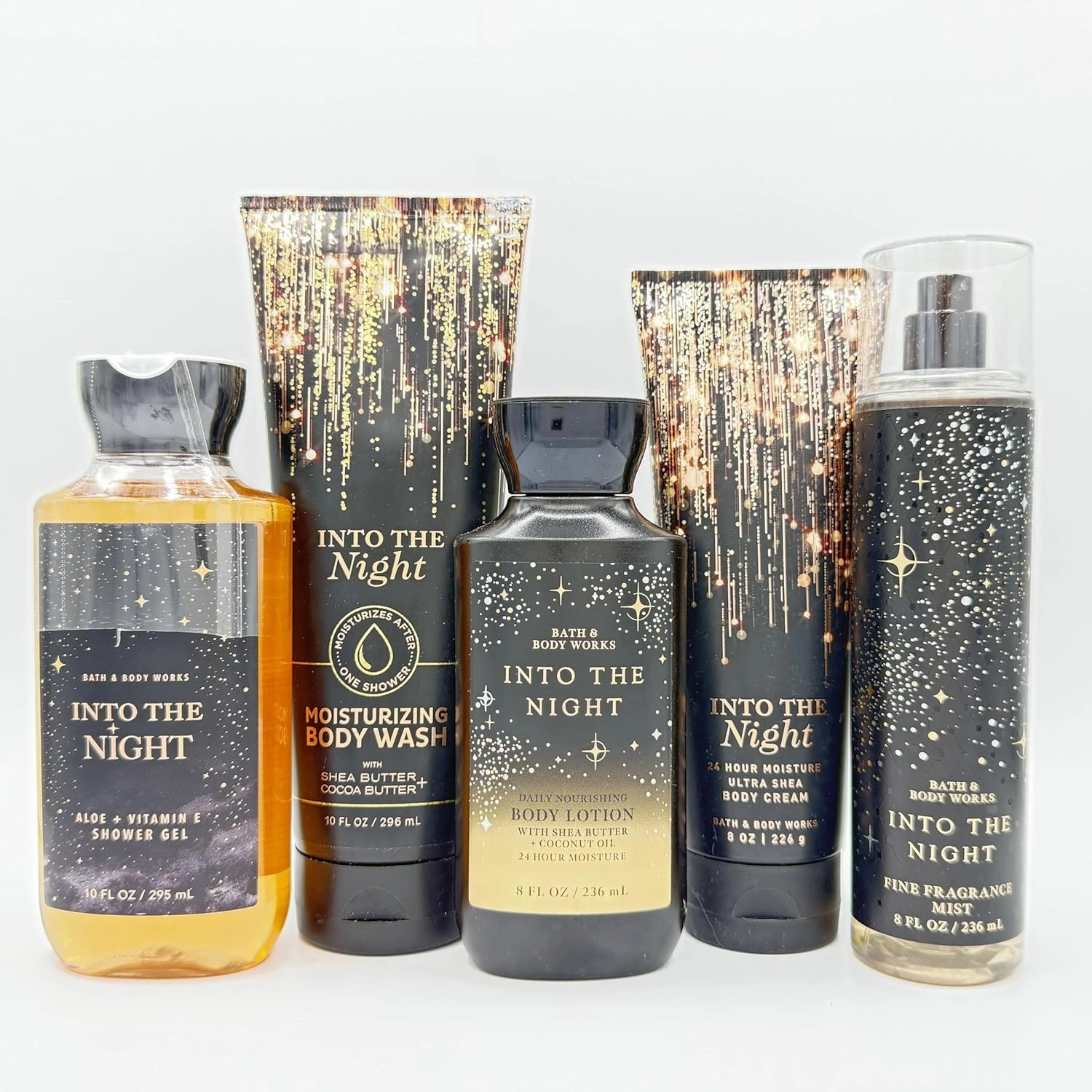 Into The Night 5-Piece Bath Bundle | Shower Gel, Moisturizing Body Wash, Daily Nourishing Body Lotion, Ultra Shea Body Cream and Fine Fragrance Mist