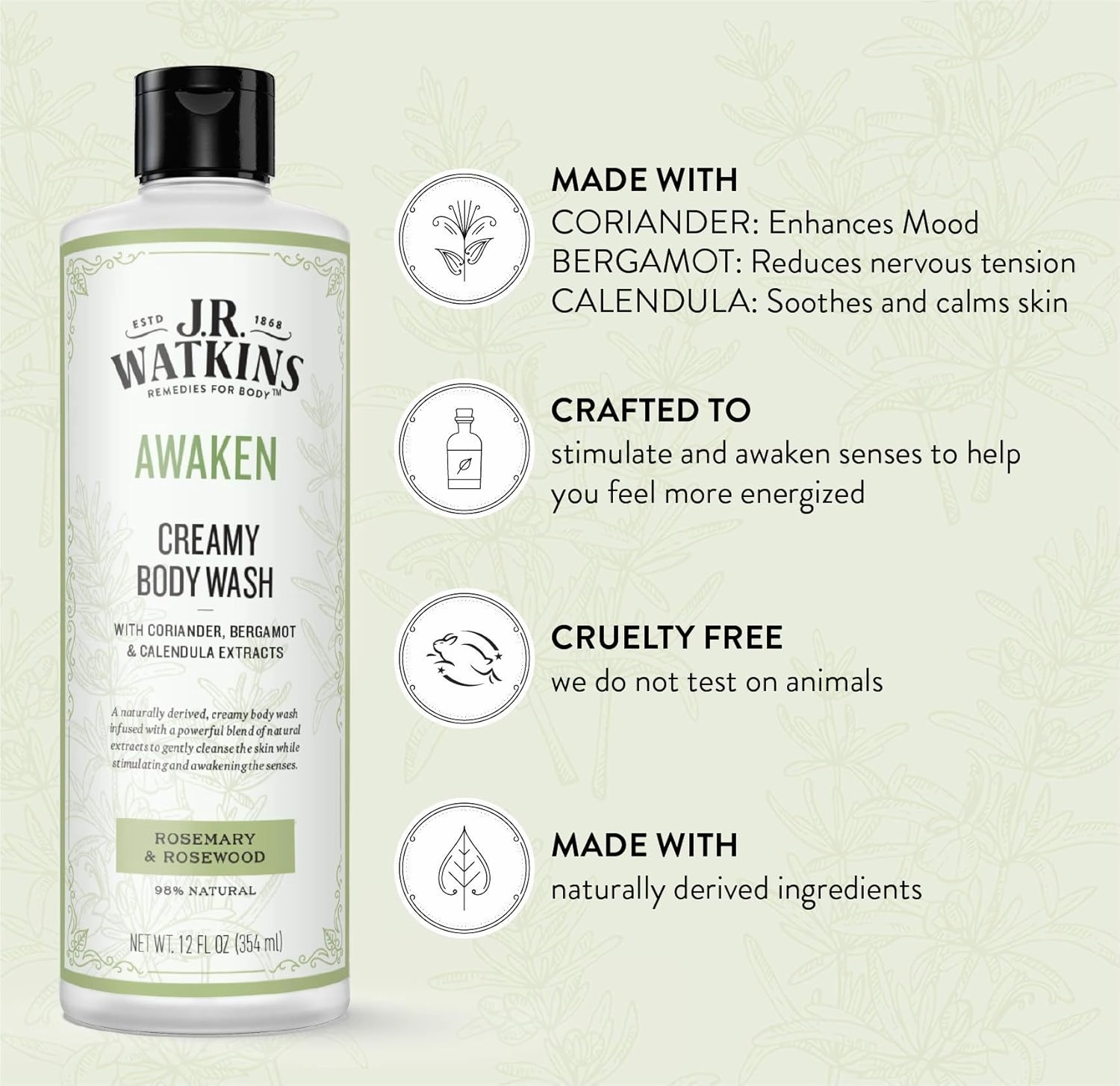 J.R. Watkins Awaken Creamy Moisturizing Body Wash, Cleanses & Stimulates Senses, Natural Rosemary & Rosewood, 12 oz
