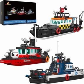 JMBricklayer City Boat Building Sets, 3 in 1 Mini Boats Toy Set - Multi-Fucntional Sea Rescue Ship, Fire Boat and Police Boat, STEM Ship Construction Toy for Boys Kids 8 9 10 11 12 (1092Pcs)