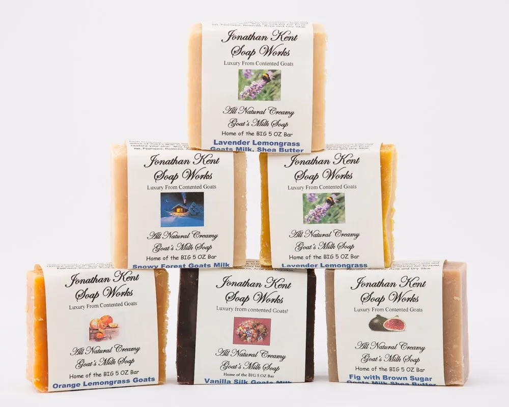 Jonathan Kent Goats Milk Soap Bars - SWEET MEADOWS 6 Pack Sampler - Creamy Goats Milk, NO WATER, Fig/Pomegranate, Lavender Lemongrass, Sweet Morning Rose, Lavender Chamomile, Sweet Jasmine, White Lily