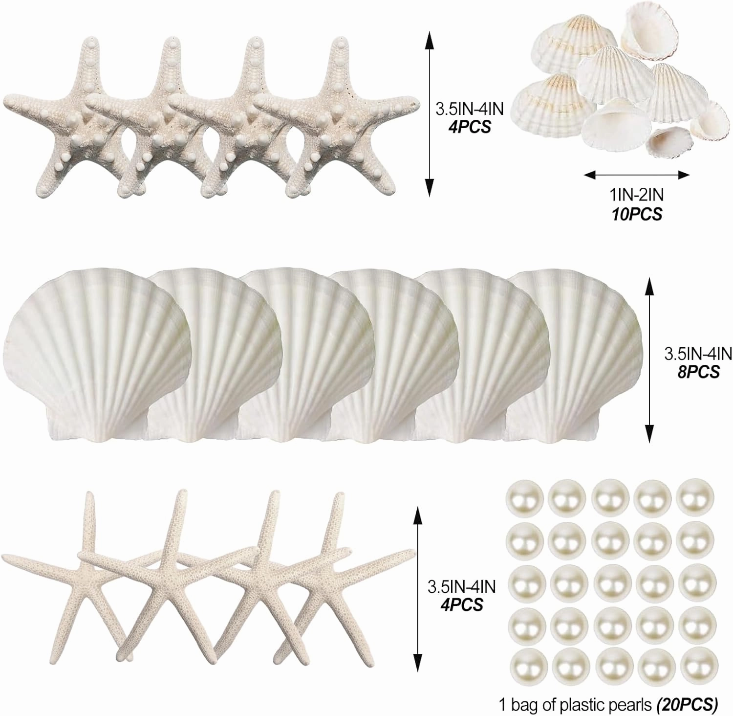 JQAQJU Starfish and Scallop Shells for Crafts 26PCS, Natural Large Beach Sea Shells for Crafts, Small Shells and Pearls Mixed, Baking Shells Perfect for Beach Party Christmas Decor Fishtank DIY