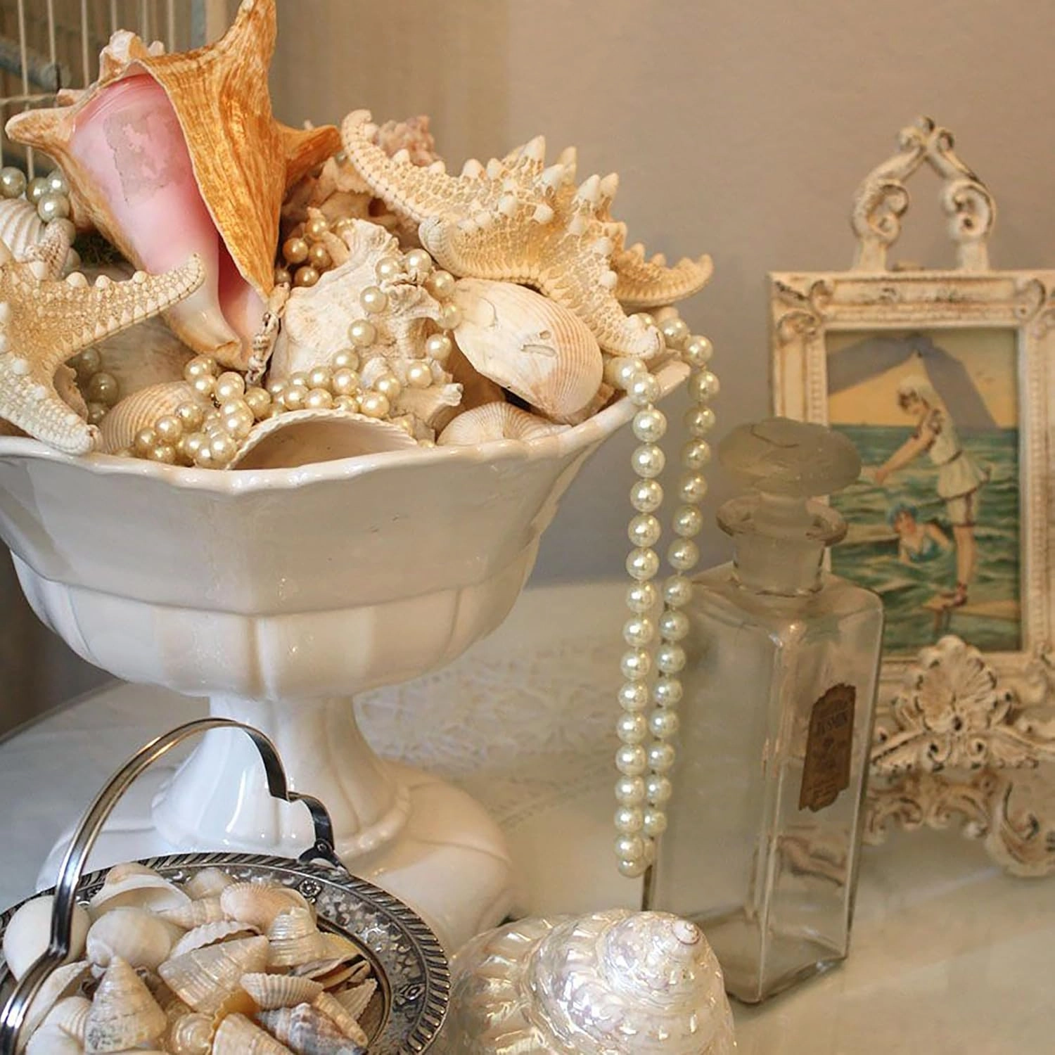 JQAQJU Starfish and Scallop Shells for Crafts 26PCS, Natural Large Beach Sea Shells for Crafts, Small Shells and Pearls Mixed, Baking Shells Perfect for Beach Party Christmas Decor Fishtank DIY