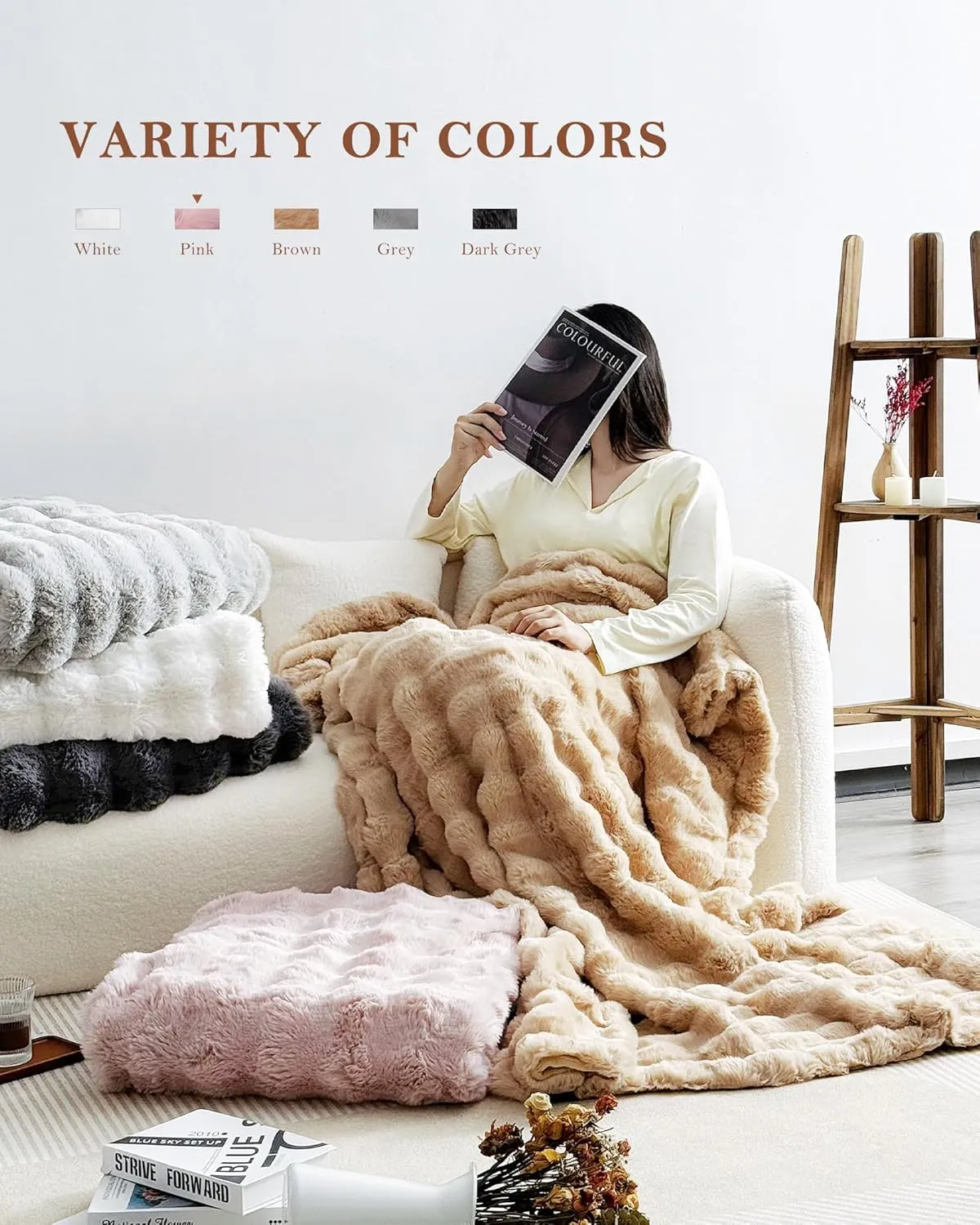 July Cute Pink Faux Rabbit Fur Throw Blanket for Couch, Cozy Plush Bubble Blanket for Bed, Luxury Fuzzy Blanket, Soft Fluffy Fleece for Sofa, 50" x 60", SC-PK5060