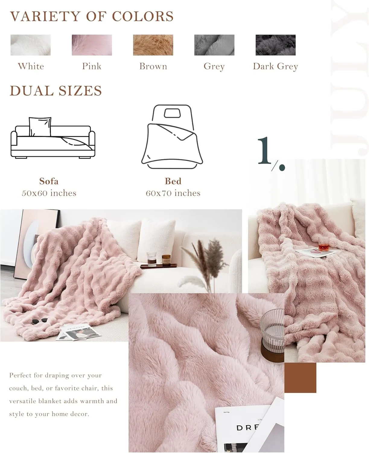 July Cute Pink Faux Rabbit Fur Throw Blanket for Couch, Cozy Plush Bubble Blanket for Bed, Luxury Fuzzy Blanket, Soft Fluffy Fleece for Sofa, 50" x 60", SC-PK5060