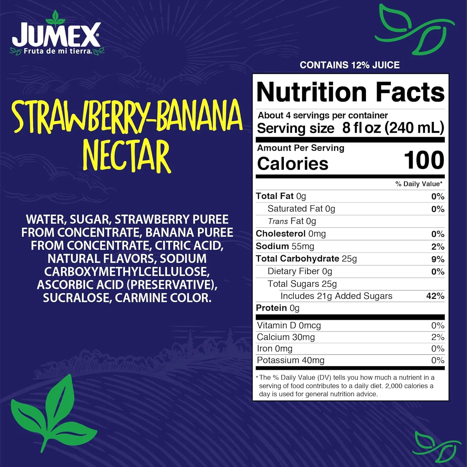 Jumex Strawberry Banana Nectar Juice - Made with Fresh Fruit Puree - Tropical Fruit Juice Concentrate for Smoothie Mix, Cocktail Mixers, Kids Drinks & Mexican Beverages - 32.4oz, 12 Pack Carton