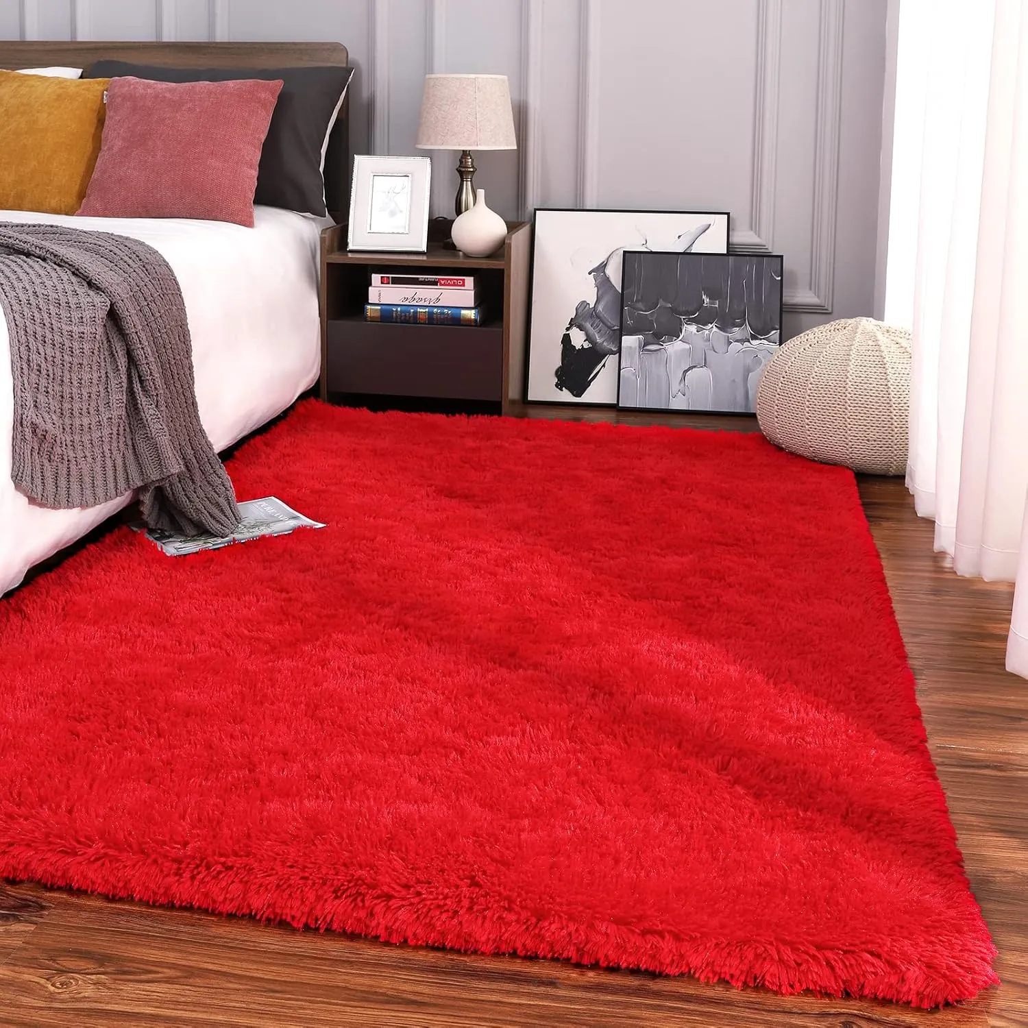 Keeko Fluffy Area Rugs for Bedroom Living Room, 4x5.3 Soft Plush Bedside Rug Modern Indoor Throw Rug Shag Fuzzy Nursery Carpet Non Slip Rugs for Kids Girls Baby Teen Dorm Room Home Decor Red