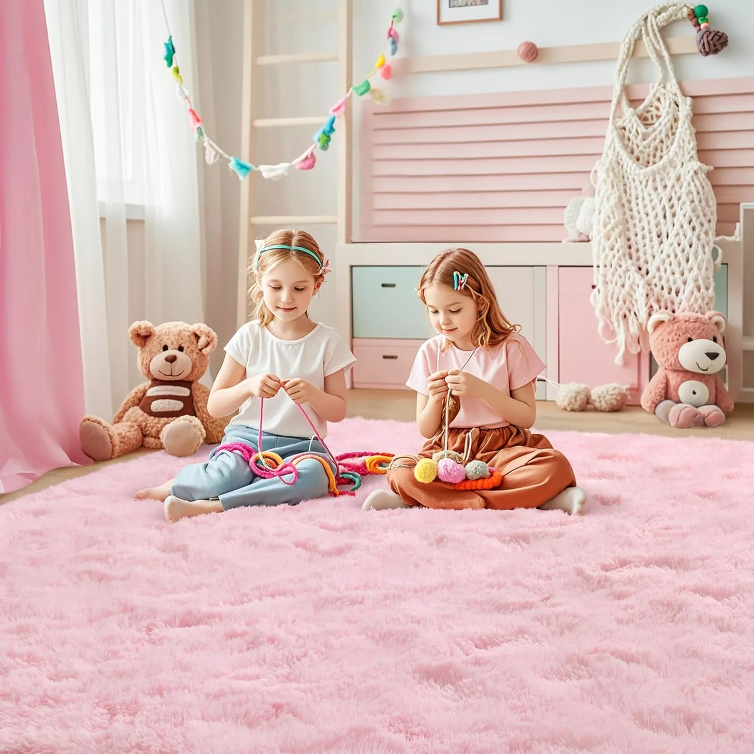 Keeko Fluffy Pink Area Rugs for Bedroom Girls Room, 4x5.3 Cute Shag Kids Room Rugs Nursery Living Room Indoor Fuzzy Bedside Rug Ultra Soft Furry Carpet for Bedroom Teen Baby Dorm Decor