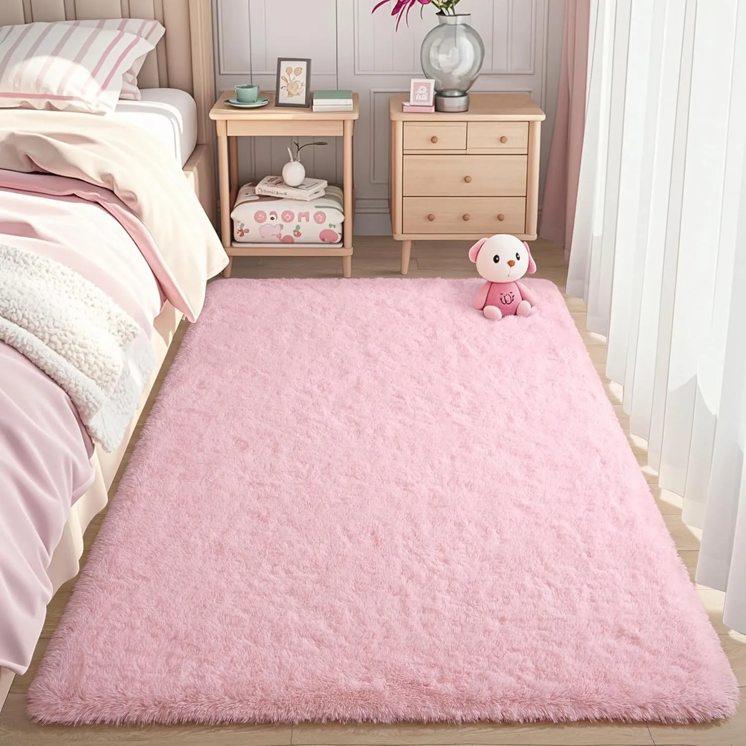 Keeko Fluffy Pink Area Rugs for Bedroom Girls Room, 4x5.3 Cute Shag Kids Room Rugs Nursery Living Room Indoor Fuzzy Bedside Rug Ultra Soft Furry Carpet for Bedroom Teen Baby Dorm Decor