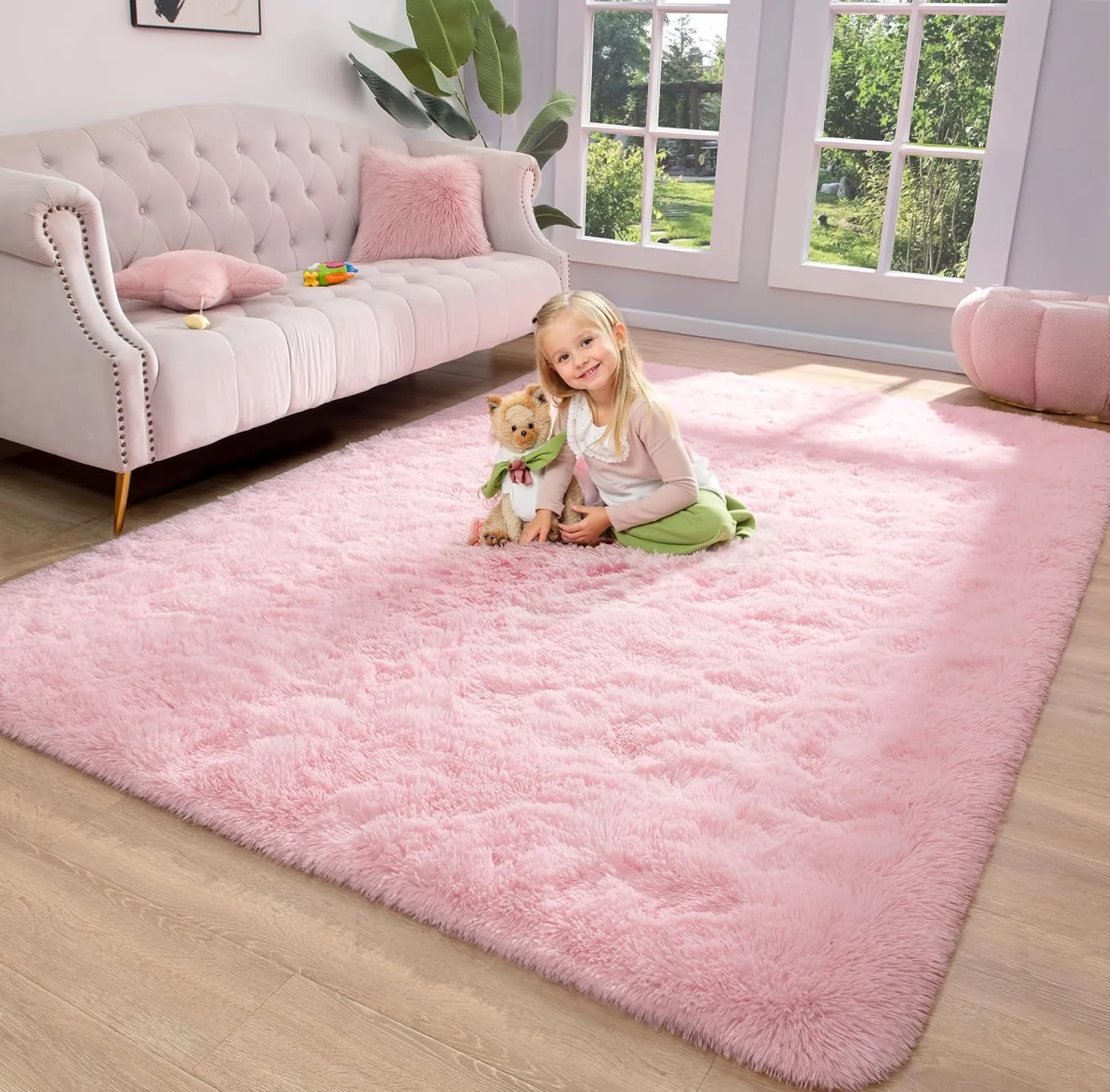 Keeko Fluffy Pink Area Rugs for Bedroom Girls Room, 4x5.3 Cute Shag Kids Room Rugs Nursery Living Room Indoor Fuzzy Bedside Rug Ultra Soft Furry Carpet for Bedroom Teen Baby Dorm Decor