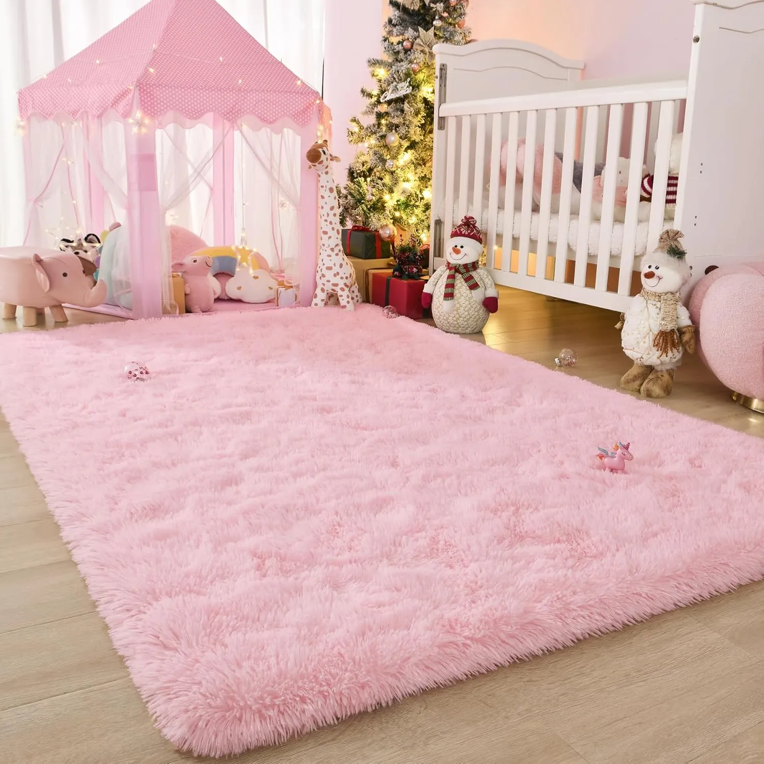 Keeko Fluffy Pink Area Rugs for Bedroom Girls Room, 4x5.3 Cute Shag Kids Room Rugs Nursery Living Room Indoor Fuzzy Bedside Rug Ultra Soft Furry Carpet for Bedroom Teen Baby Dorm Decor