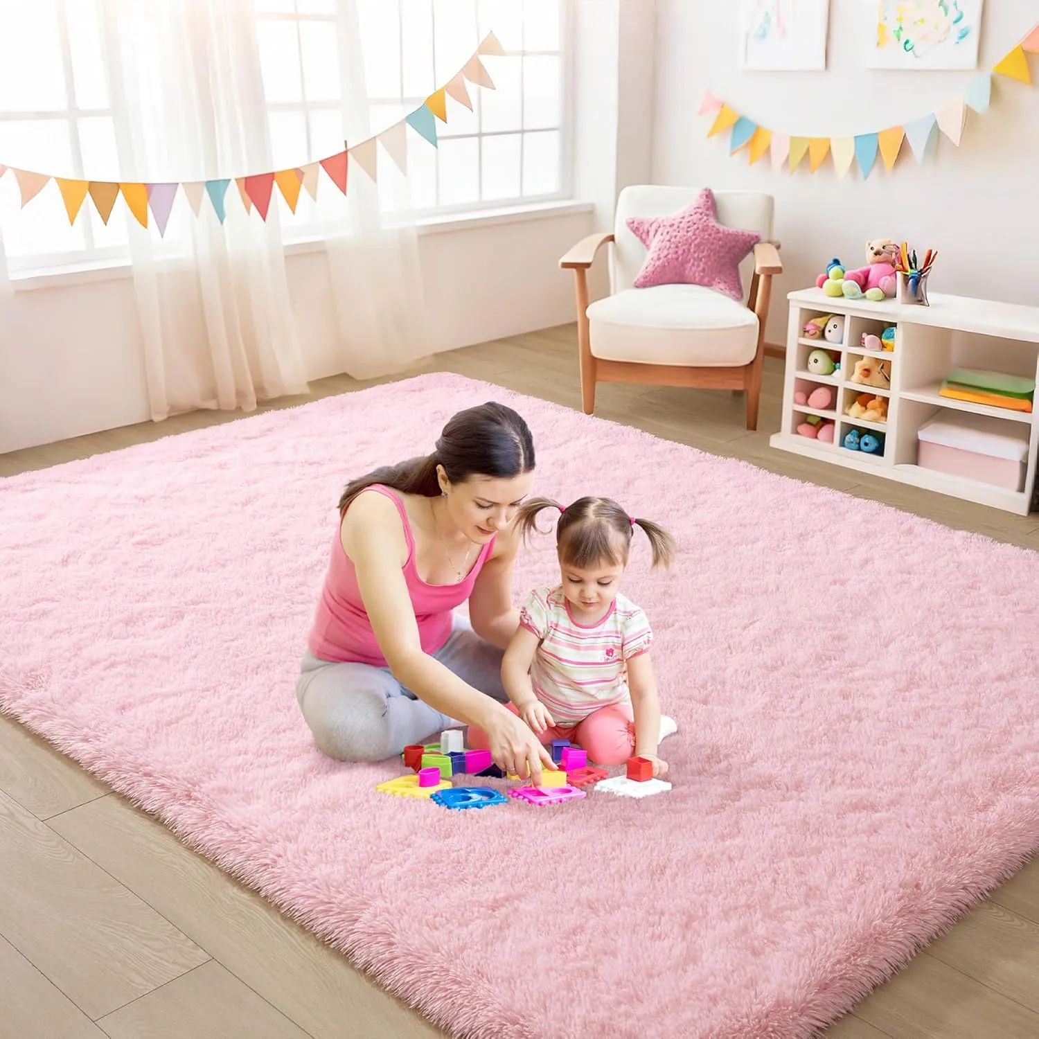 Keeko Fluffy Pink Area Rugs for Bedroom Girls Room, 4x5.3 Cute Shag Kids Room Rugs Nursery Living Room Indoor Fuzzy Bedside Rug Ultra Soft Furry Carpet for Bedroom Teen Baby Dorm Decor