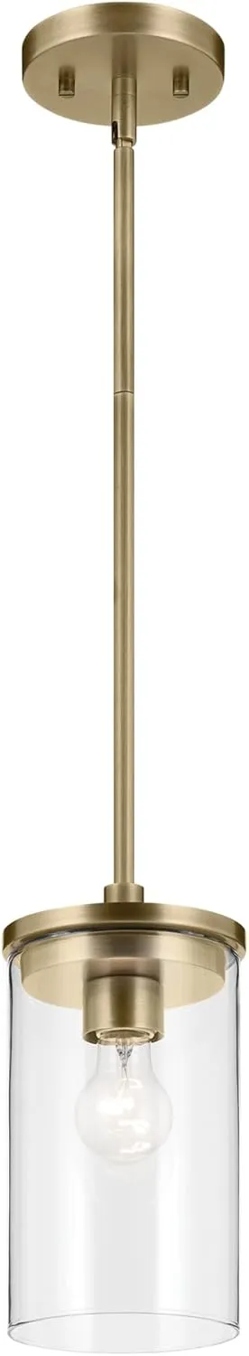 KICHLER Crosby 10.75" 1-Light Mini Pendant with Clear Glass in Natural Brass, for Hallway, Dining Nook, Kitchen Island, (10.75" x 6"), 43996NBR