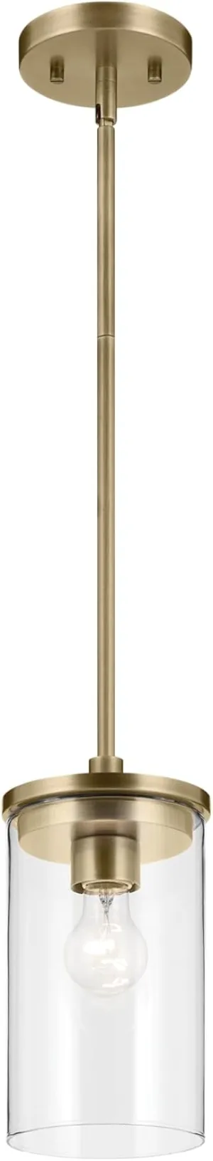 KICHLER Crosby 10.75" 1-Light Mini Pendant with Clear Glass in Natural Brass, for Hallway, Dining Nook, Kitchen Island, (10.75" x 6"), 43996NBR
