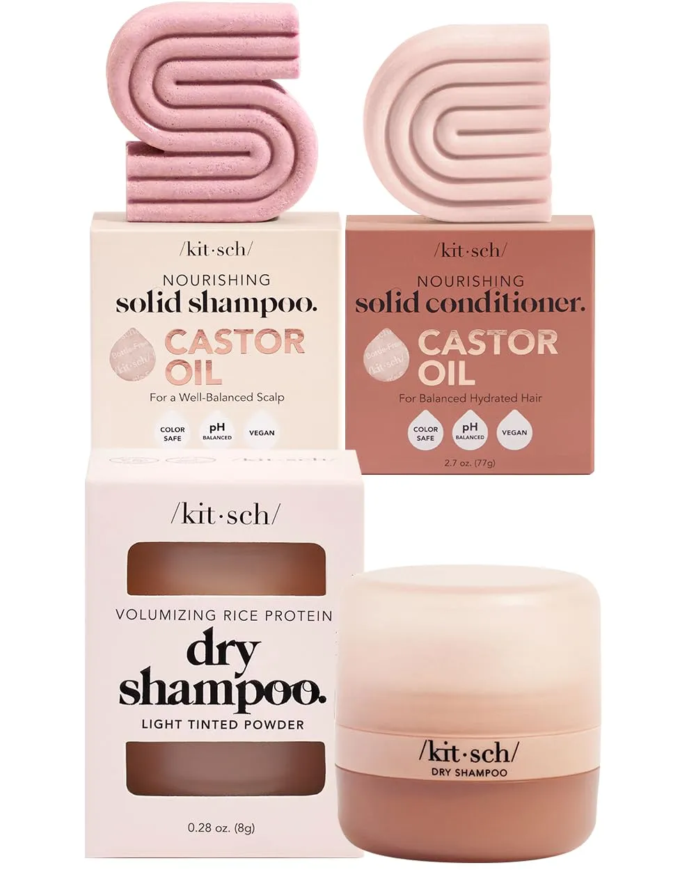 Kitsch Castor Oil Shampoo and Conditioner Bar for Dull & Dry Hair   Dry Shampoo Powder with Rice Protein for Women & Men Volumizing, Unscented, No White Cast, Organic, Paraben free