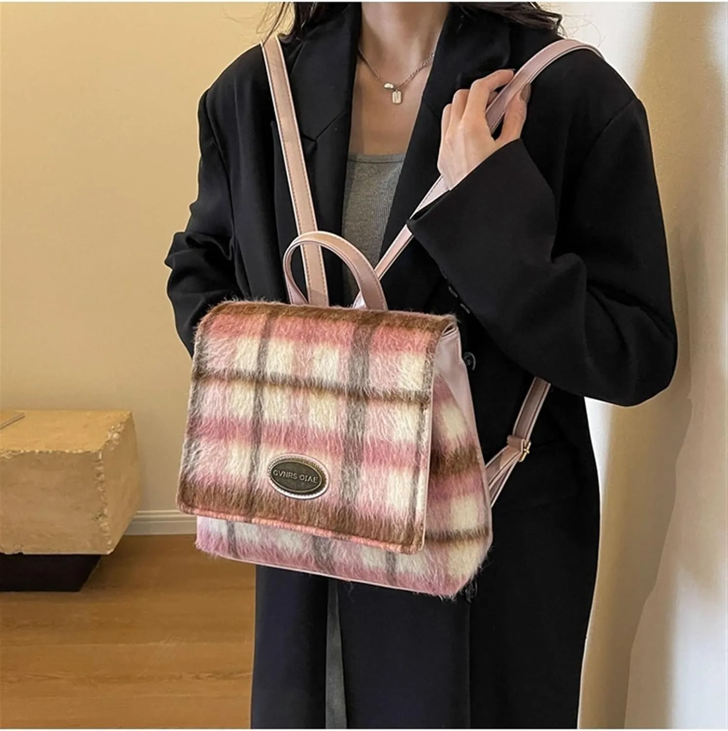Ladies contrast plaid woolen bag shoulder bag