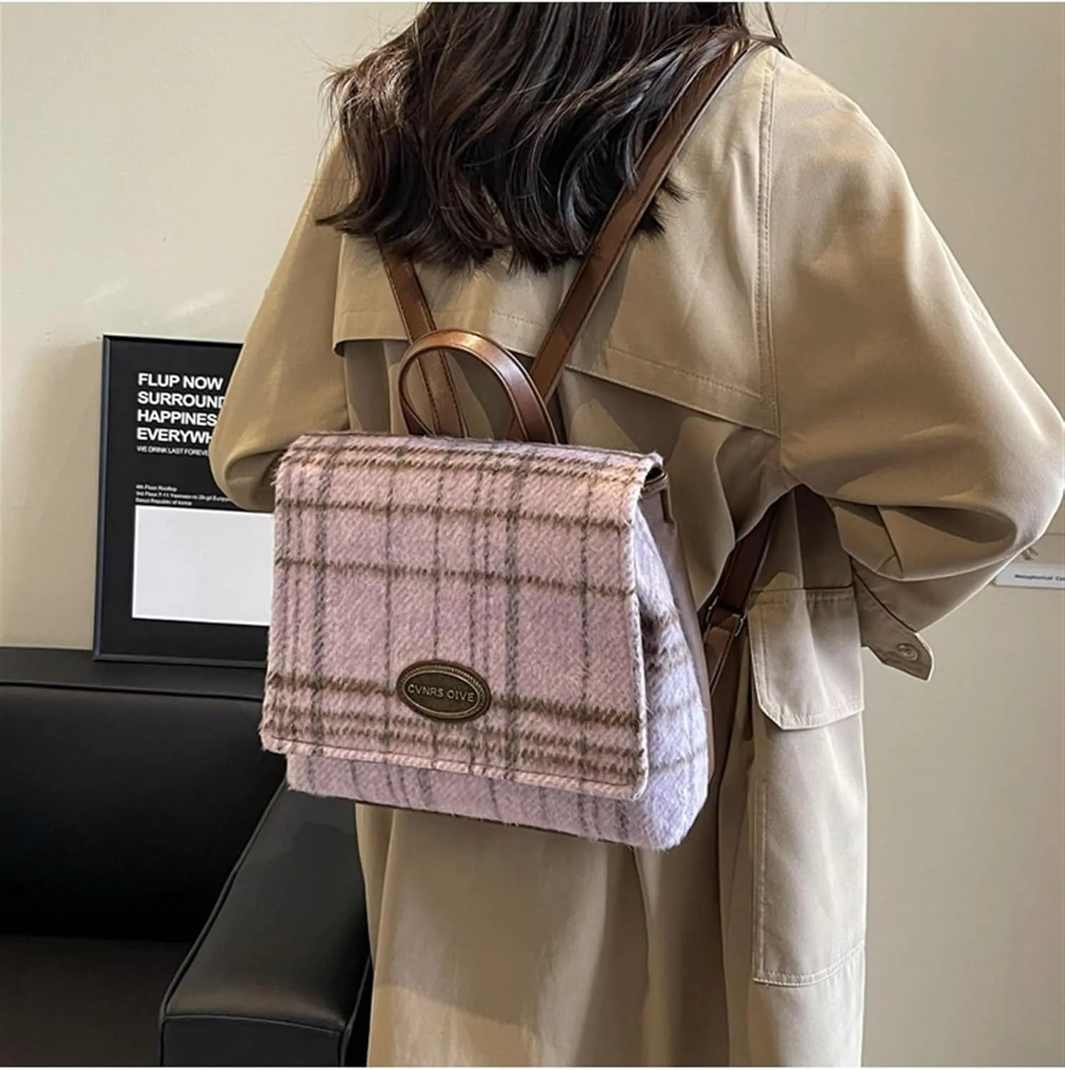 Ladies contrast plaid woolen bag shoulder bag