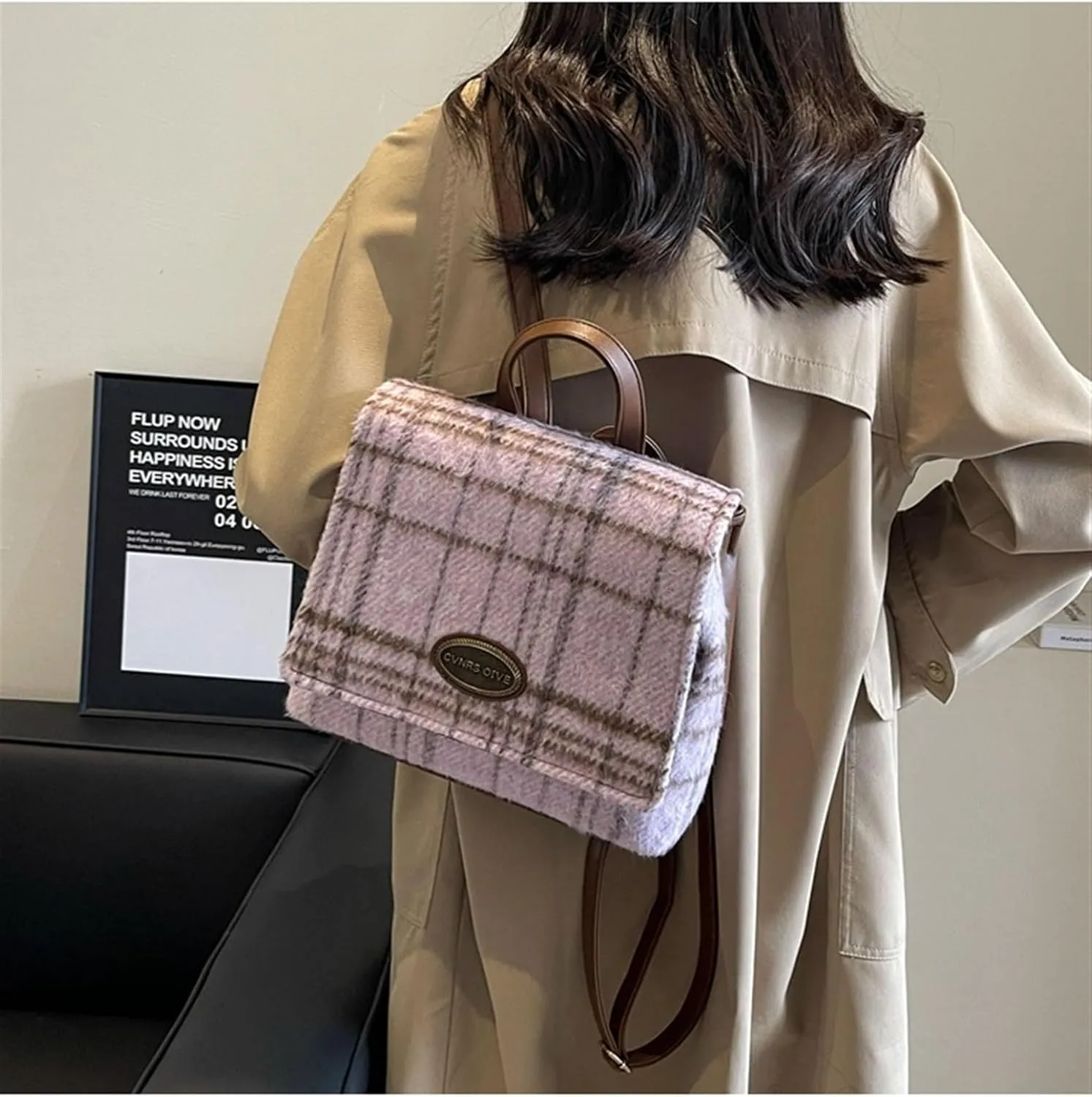 Ladies contrast plaid woolen bag shoulder bag