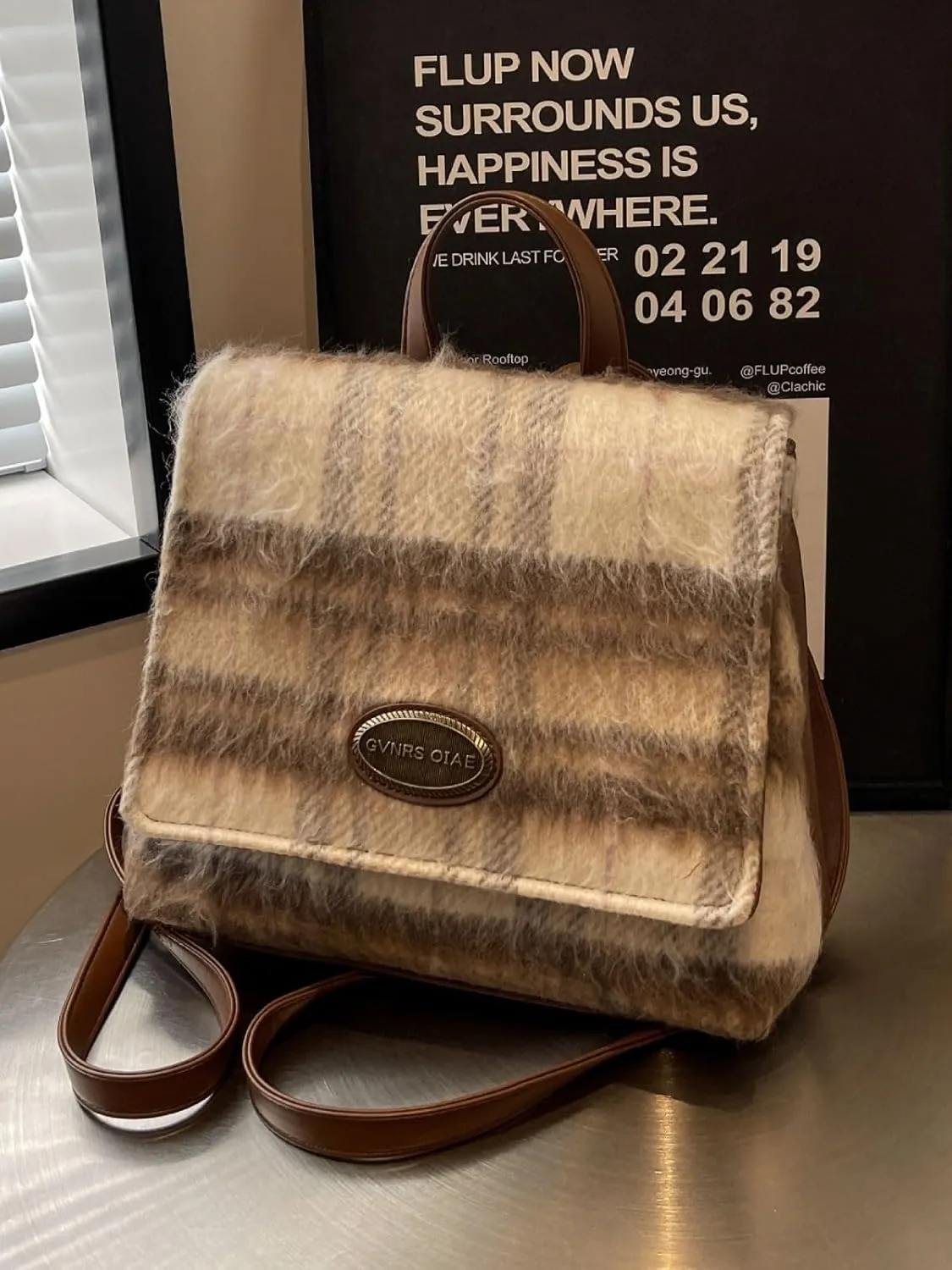 Ladies contrast plaid woolen bag shoulder bag
