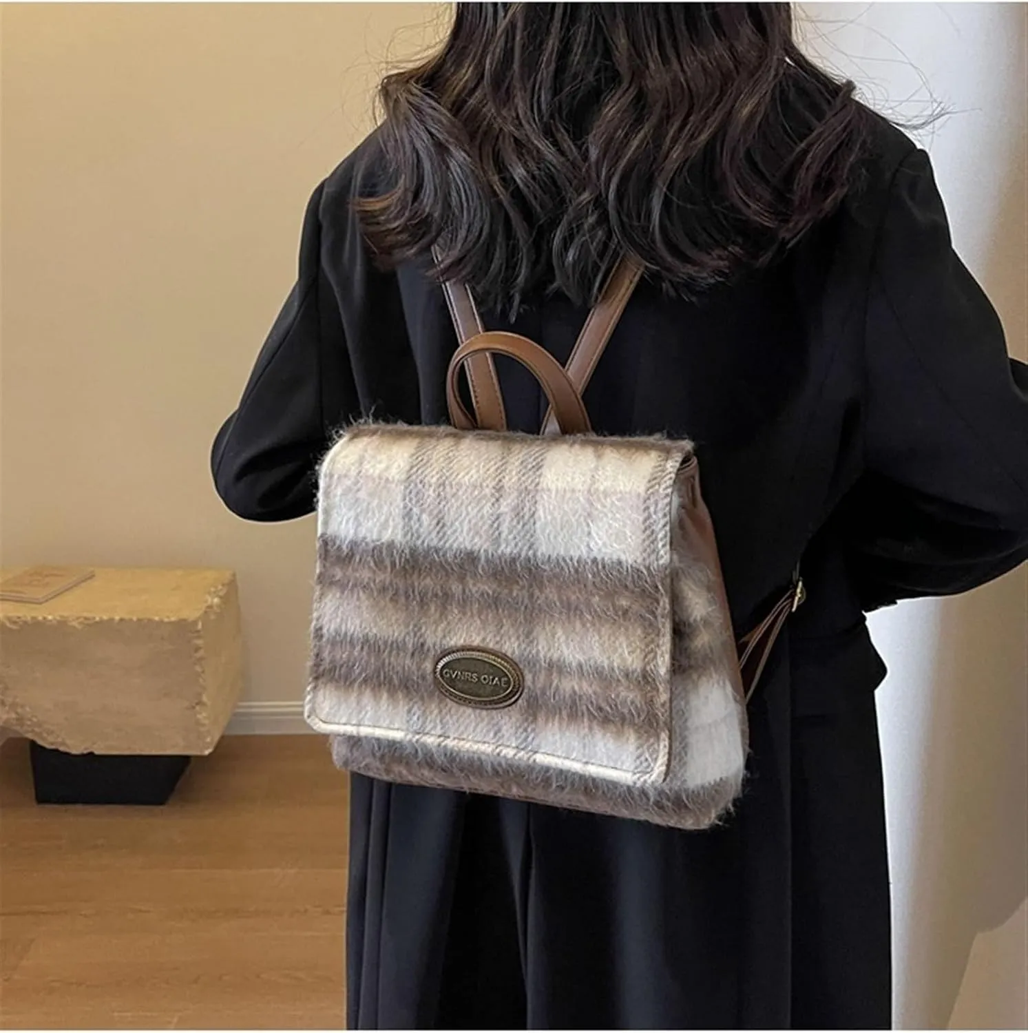 Ladies contrast plaid woolen bag shoulder bag