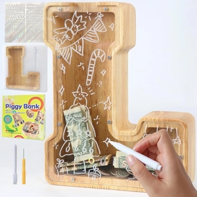 Large Letter Piggy Bank for Kids Boys Girls Wooden Personalized Piggy Banks A-Z with Target Area Clear Alphabet Banknote Coin Banks for Gift Decoration Baptism (L)