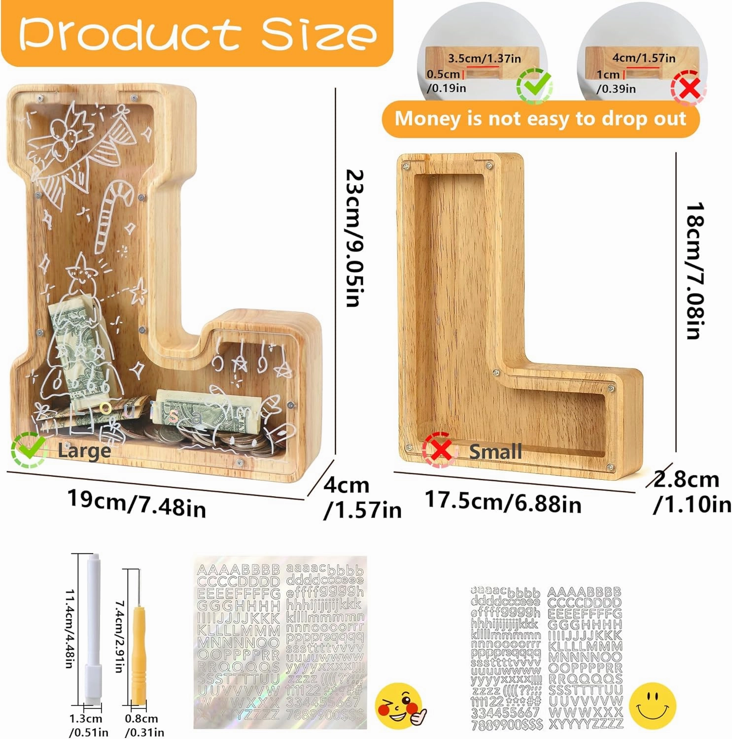 Large Letter Piggy Bank for Kids Boys Girls Wooden Personalized Piggy Banks A-Z with Target Area Clear Alphabet Banknote Coin Banks for Gift Decoration Baptism (L)
