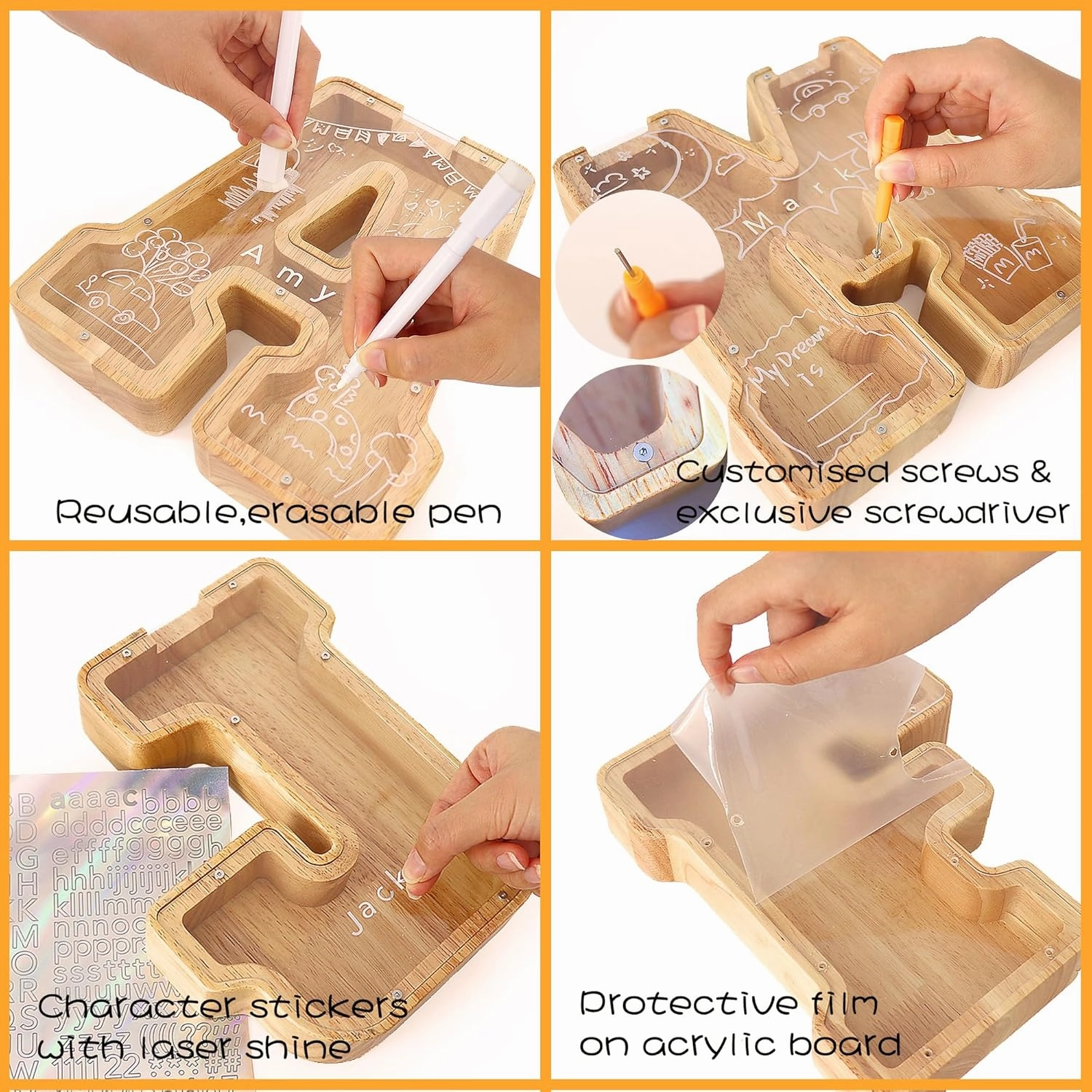Large Letter Piggy Bank for Kids Boys Girls Wooden Personalized Piggy Banks A-Z with Target Area Clear Alphabet Banknote Coin Banks for Gift Decoration Baptism (L)