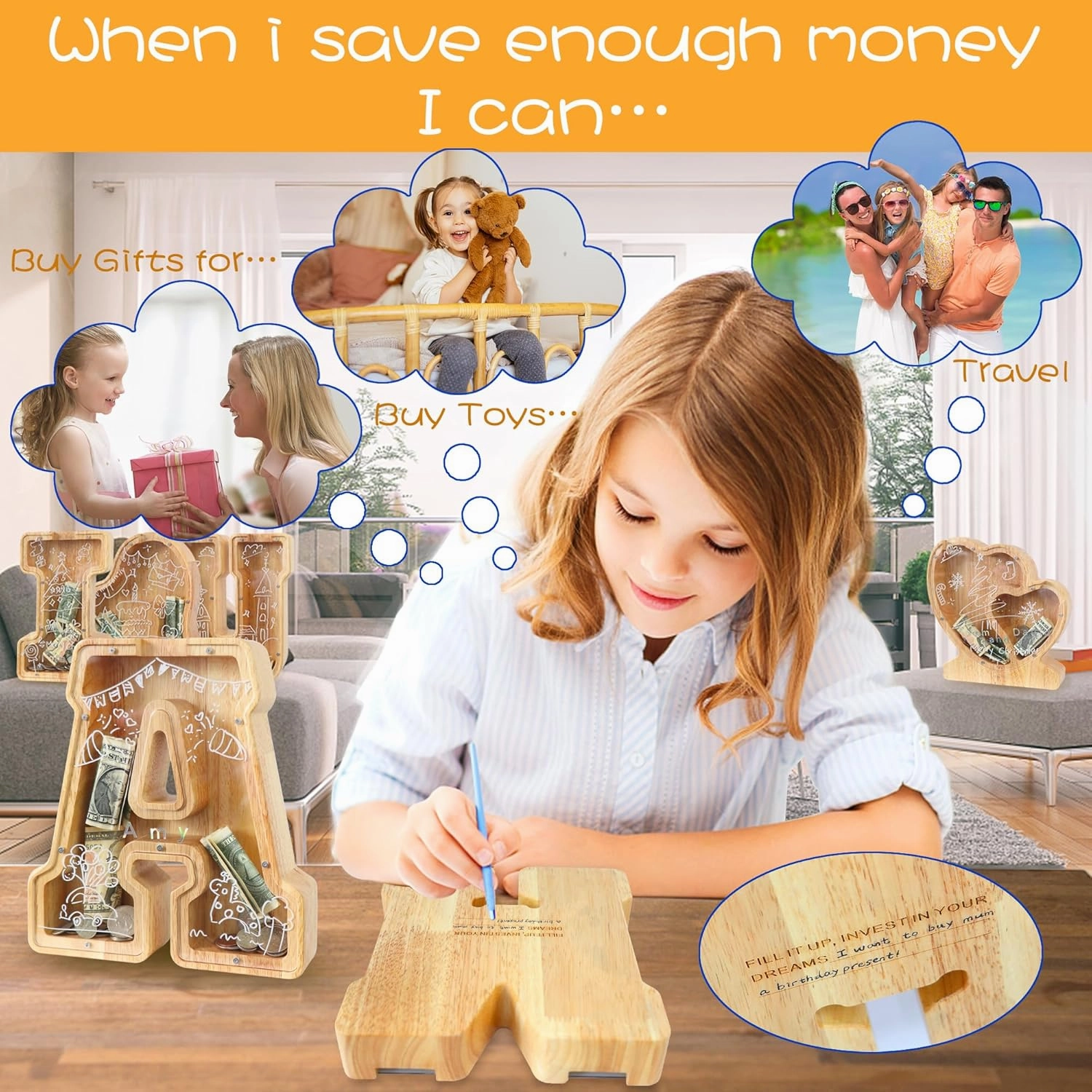 Large Letter Piggy Bank for Kids Boys Girls Wooden Personalized Piggy Banks A-Z with Target Area Clear Alphabet Banknote Coin Banks for Gift Decoration Baptism (L)